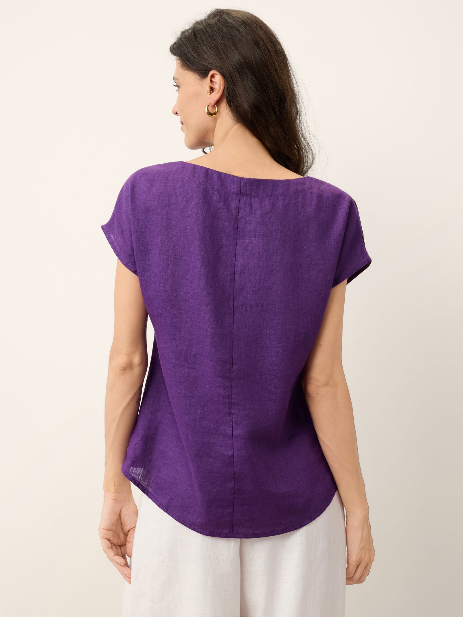 100% Linen Round Neck Button Detail Top ISABELLE DestGlow