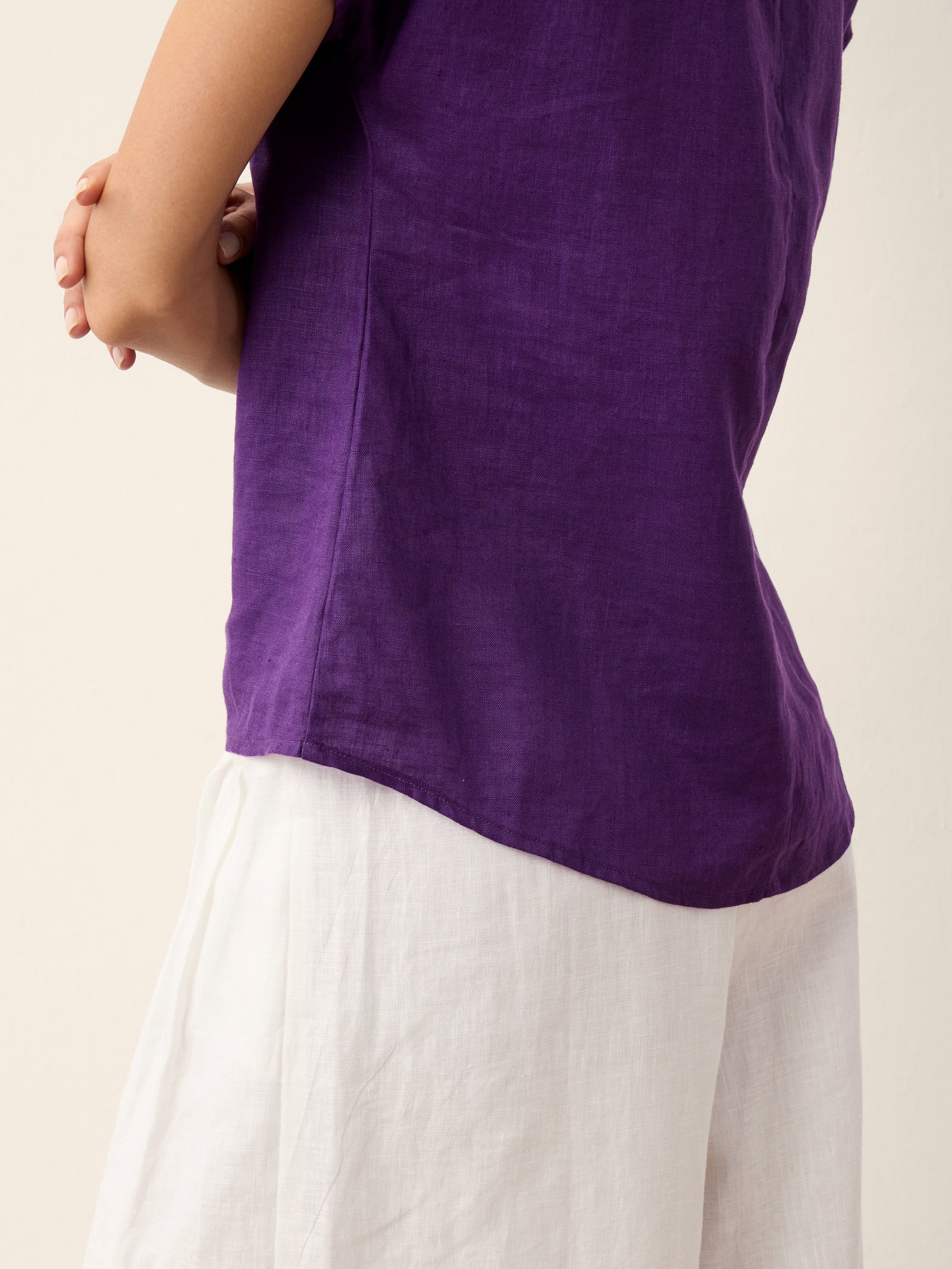 100% Linen Round Neck Button Detail Top ISABELLE DestGlow