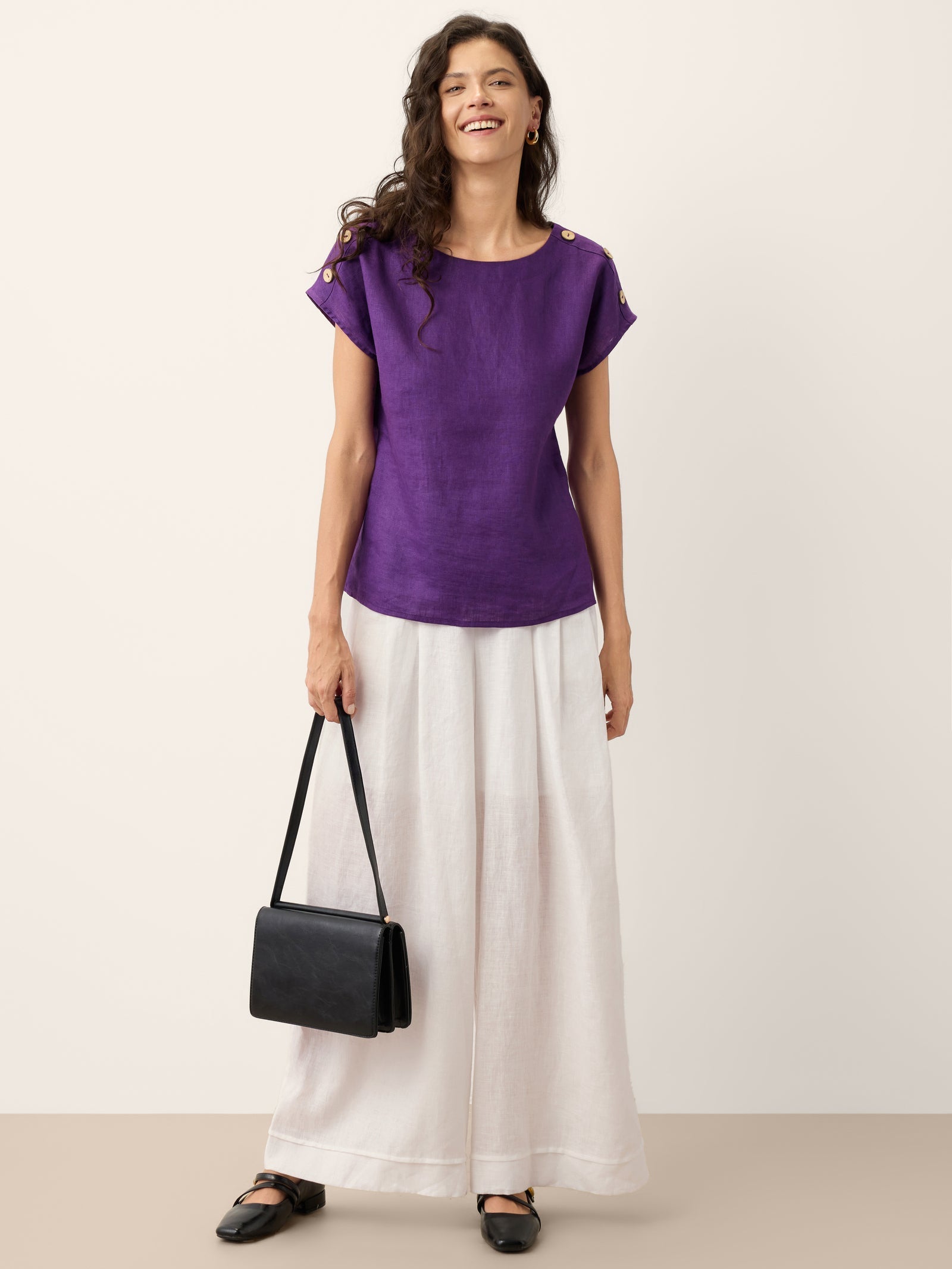 100% Linen Round Neck Button Detail Top ISABELLE DestGlow