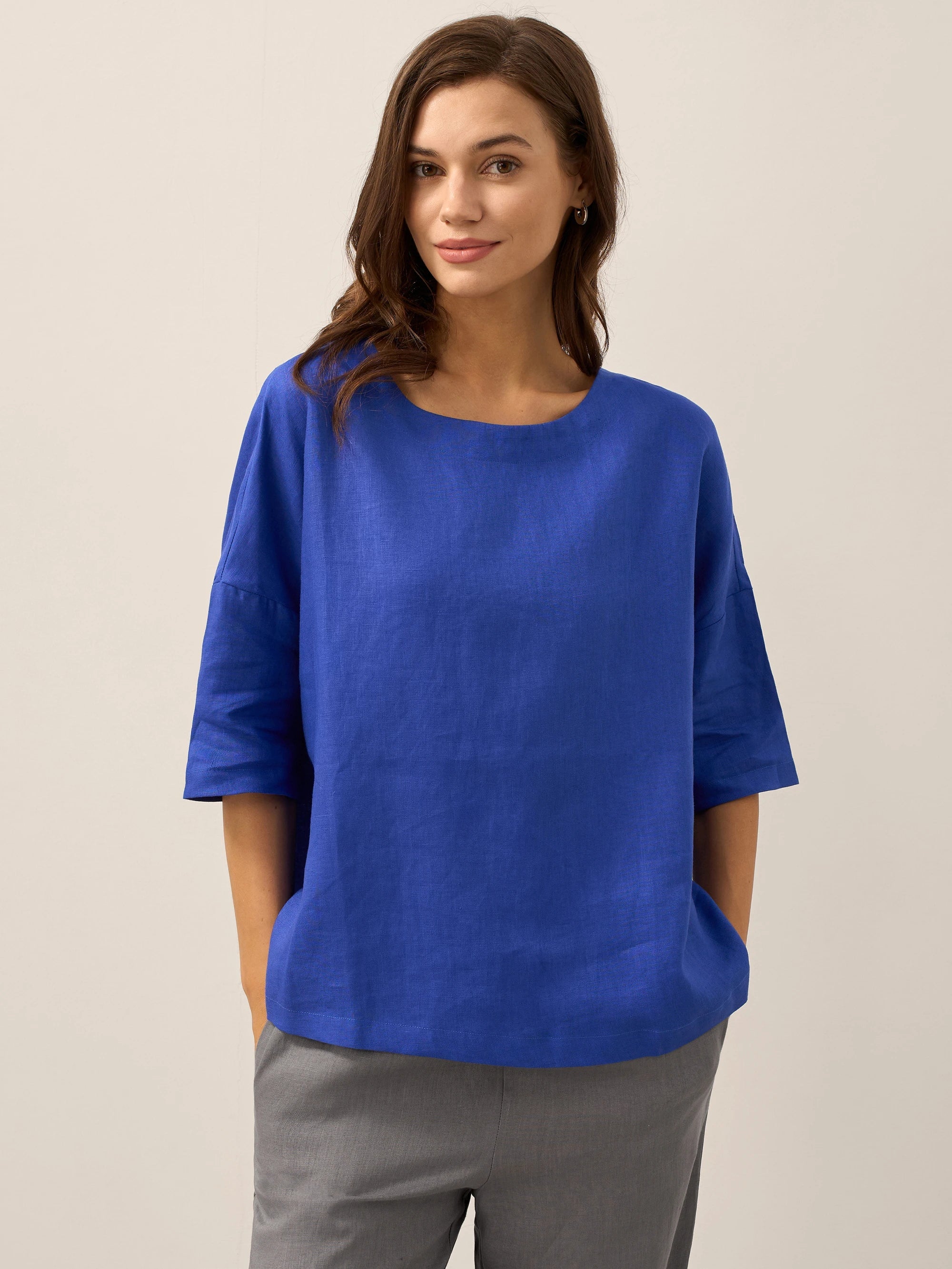 100% Linen Boatneck 3/4 Length Sleeve Top AURORA by LINTICO
