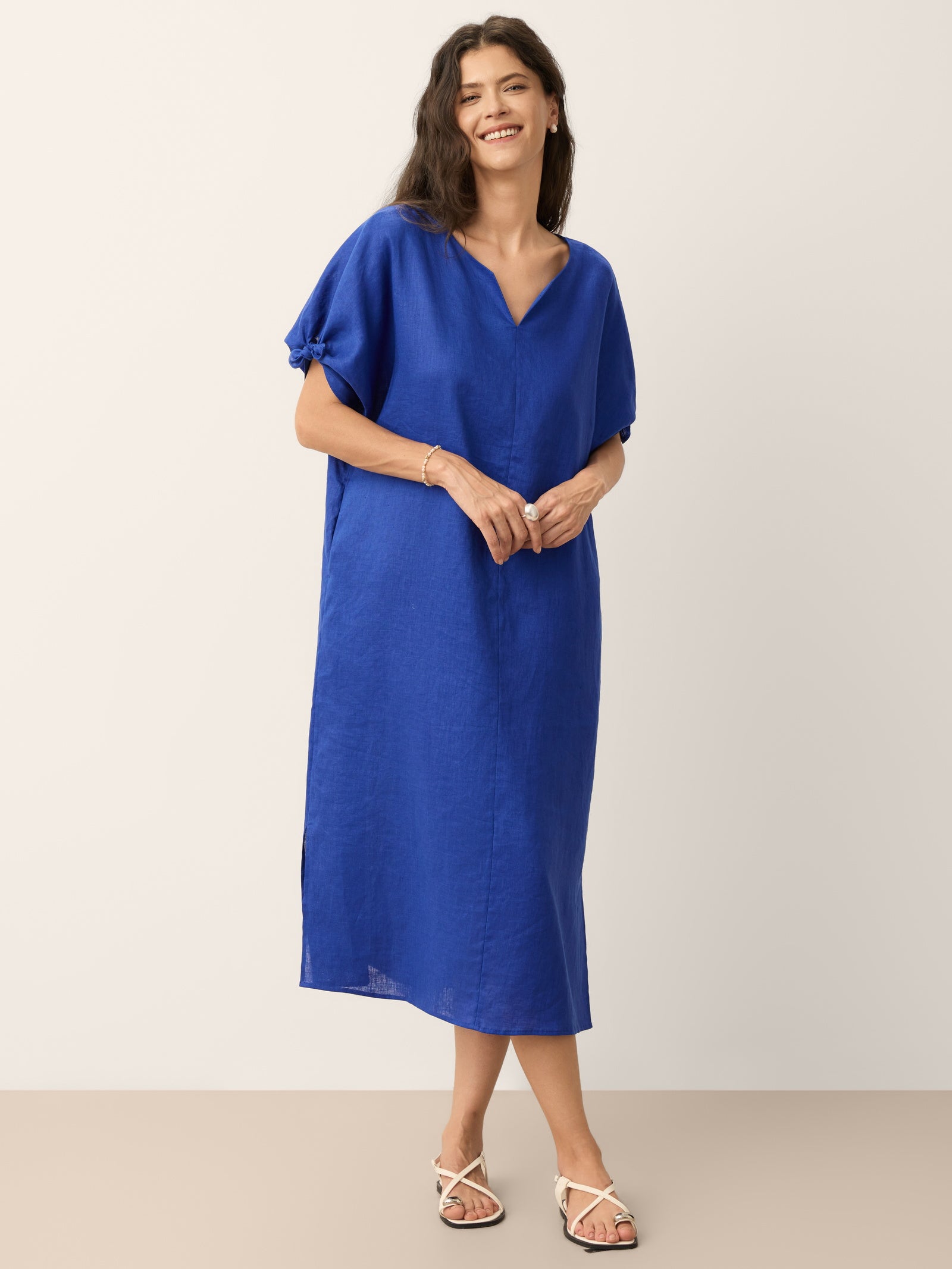 100% Linen Bow-Tie Cuff Split-Hem Midi Dress JESSAMINE DestGlow