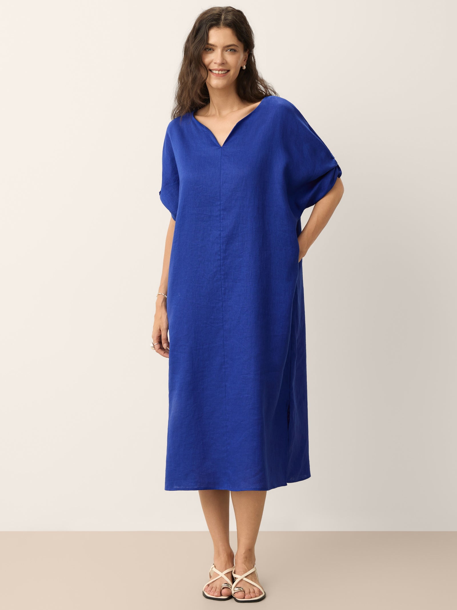 100% Linen Bow-Tie Cuff Split-Hem Midi Dress JESSAMINE DestGlow