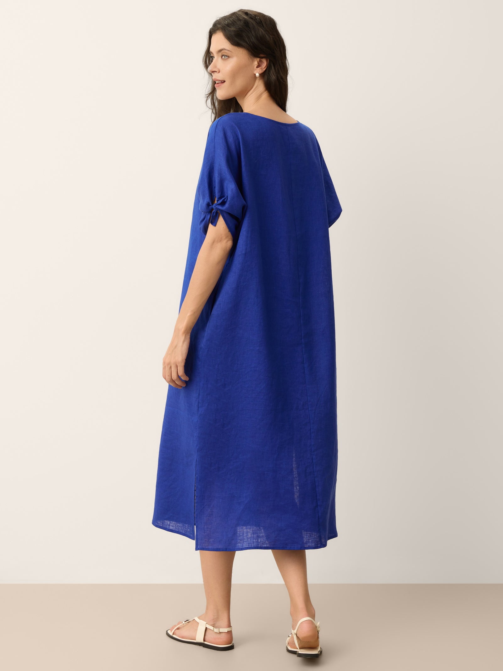 100% Linen Bow-Tie Cuff Split-Hem Midi Dress JESSAMINE DestGlow