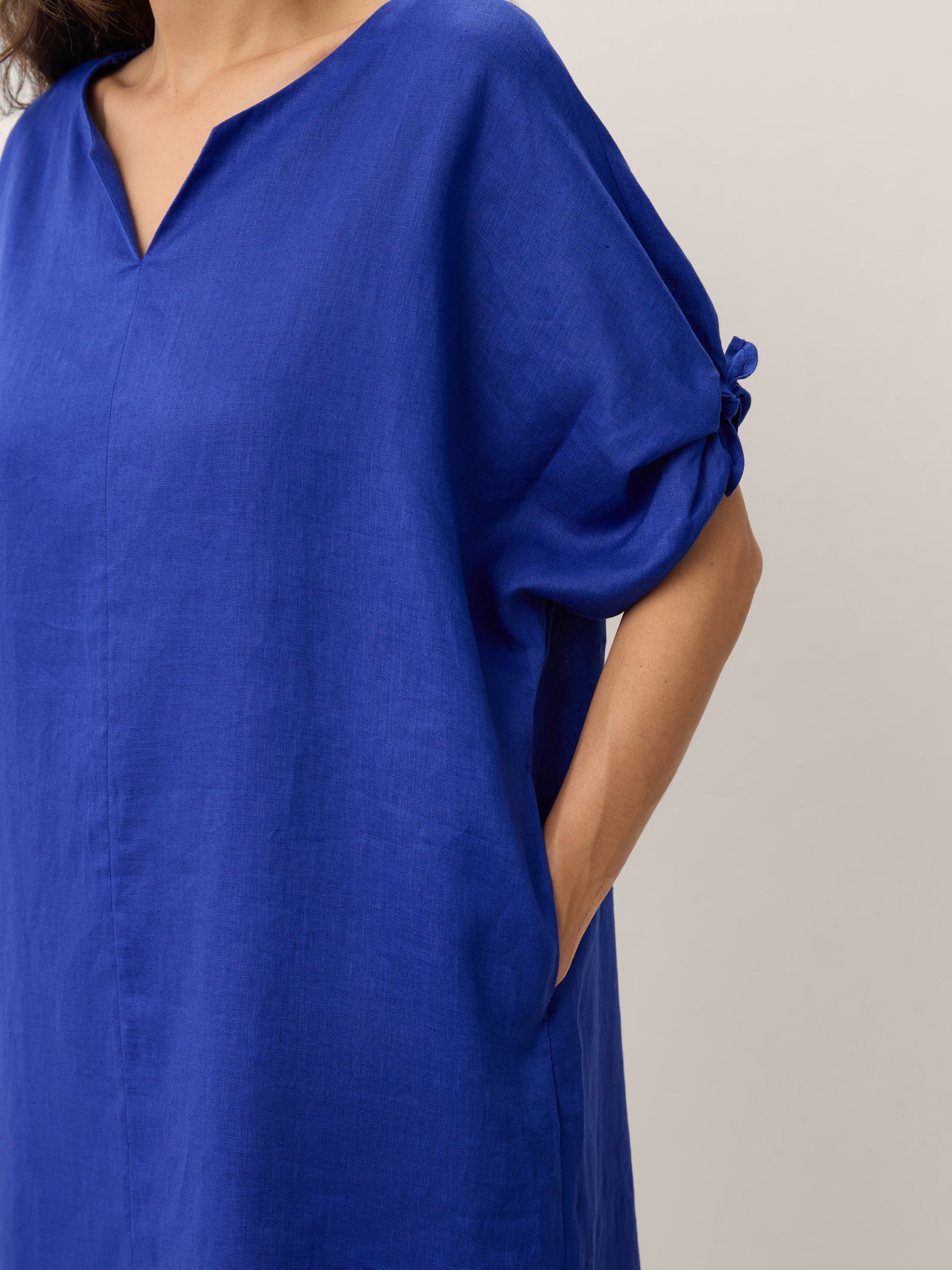 100% Linen Bow-Tie Cuff Split-Hem Midi Dress JESSAMINE DestGlow