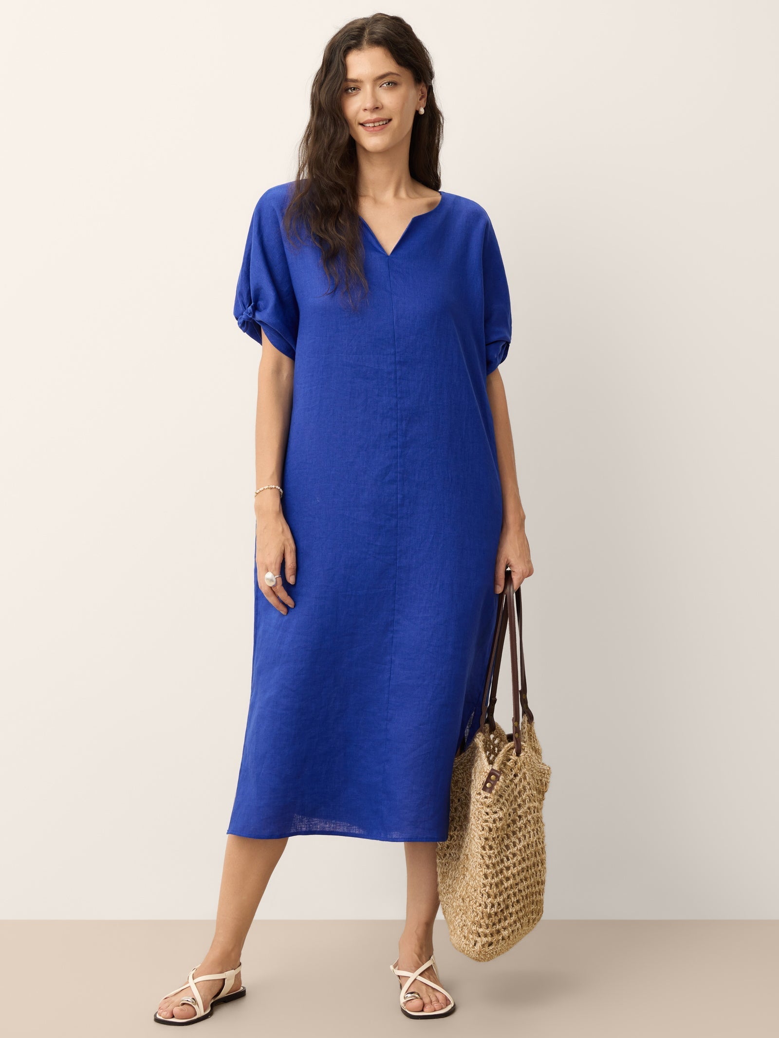 100% Linen Bow-Tie Cuff Split-Hem Midi Dress JESSAMINE DestGlow