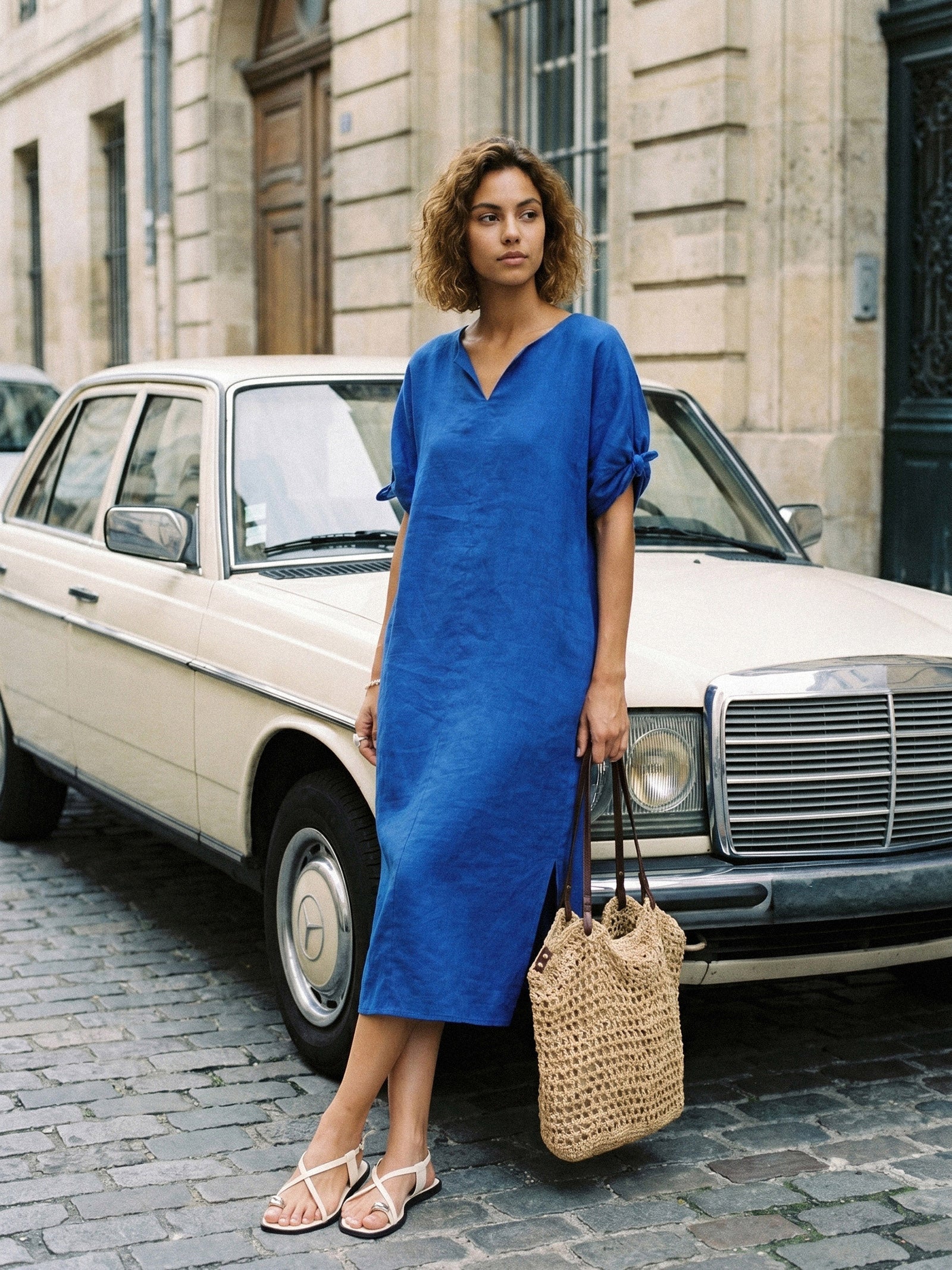 100% Linen Bow-Tie Cuff Split-Hem Midi Dress JESSAMINE DestGlow