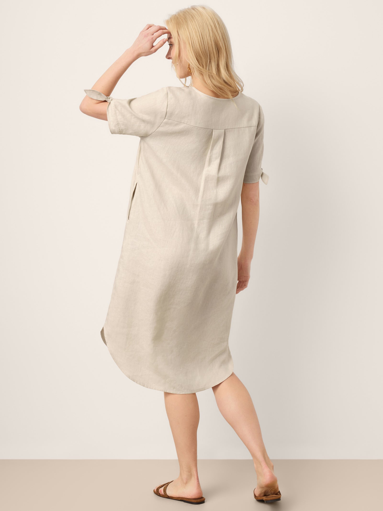 100% Linen Button-Front Tie Cuff V-Neck Shirt Dress HONORIA by LINTICO