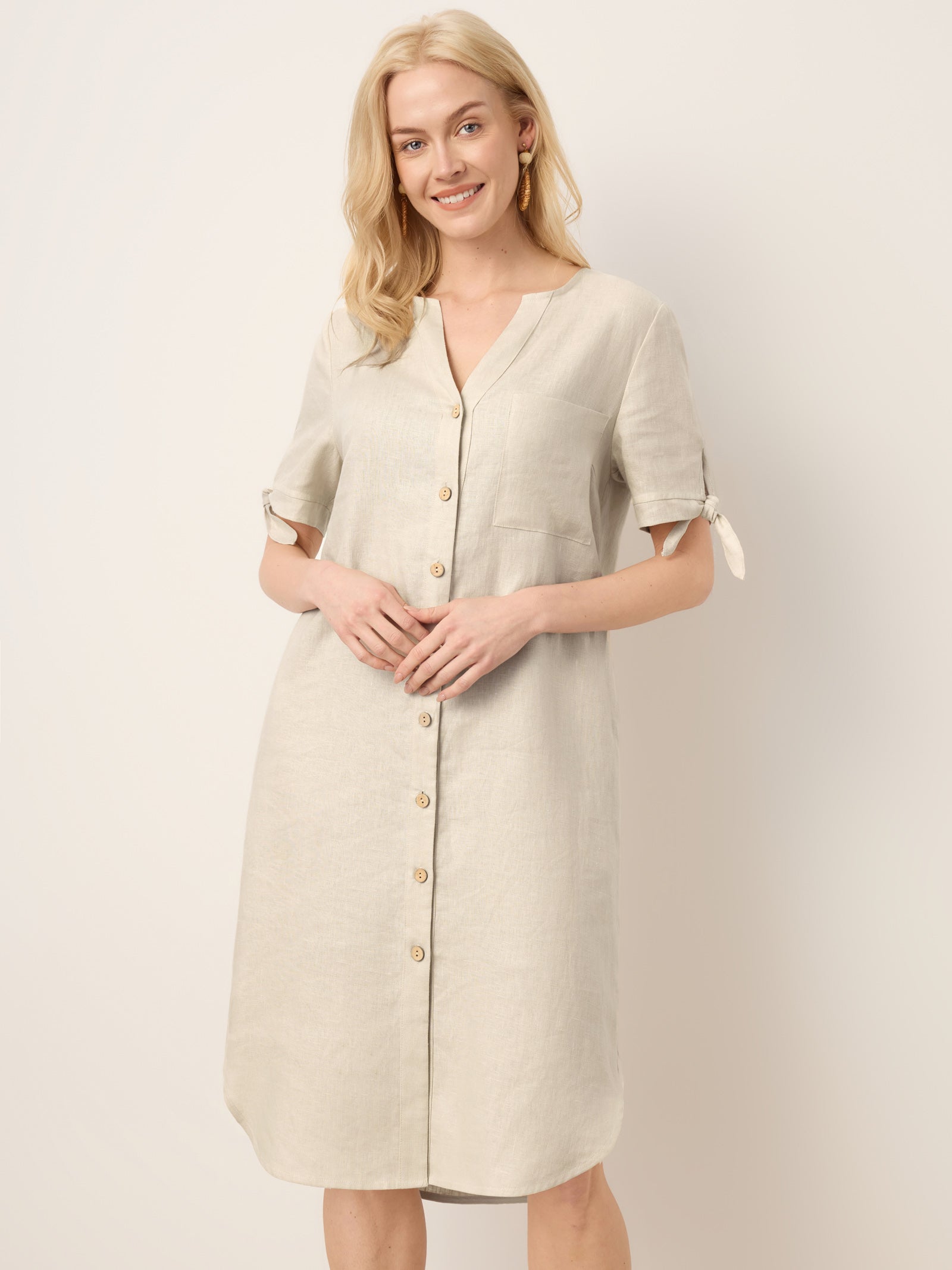 100% Linen Button-Front Tie Cuff V-Neck Shirt Dress HONORIA by LINTICO