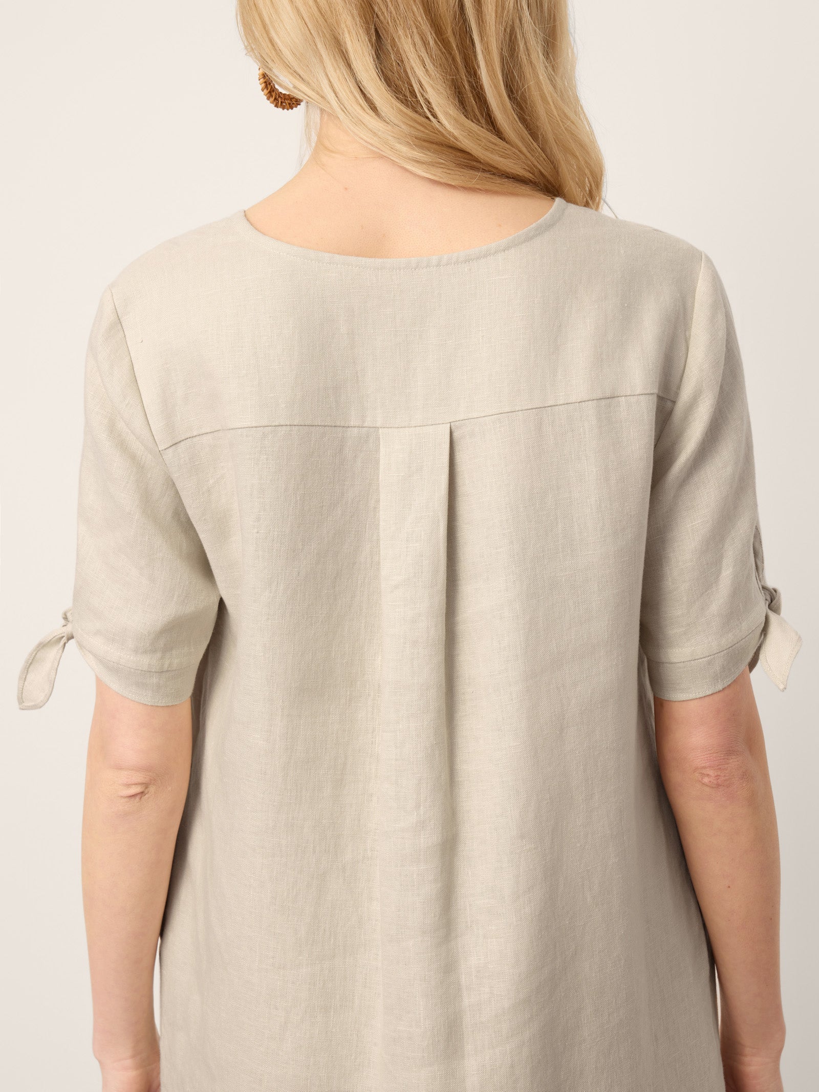 100% Linen Button-Front Tie Cuff V-Neck Shirt Dress HONORIA by LINTICO
