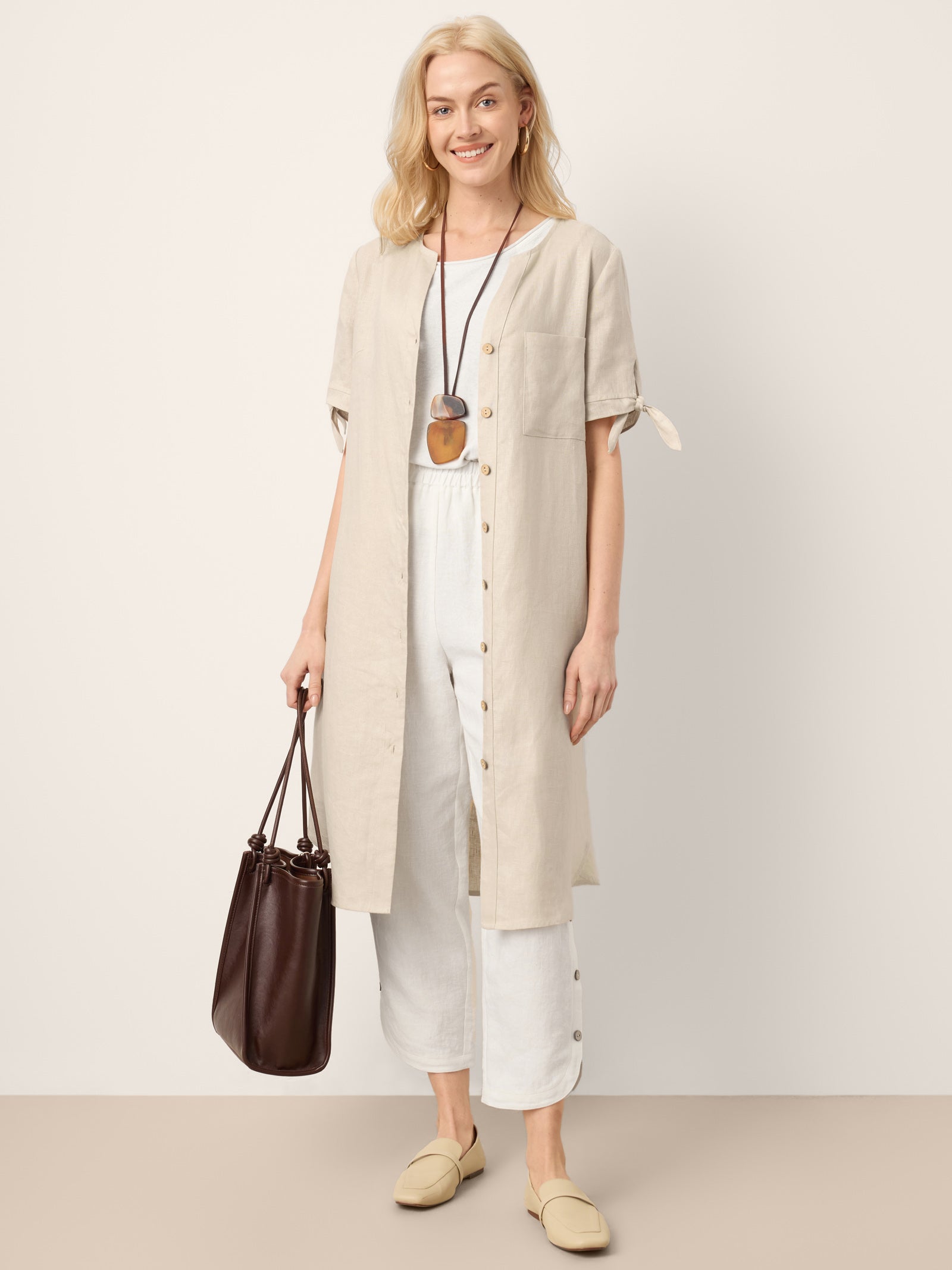 100% Linen Button-Front Tie Cuff V-Neck Shirt Dress HONORIA by LINTICO