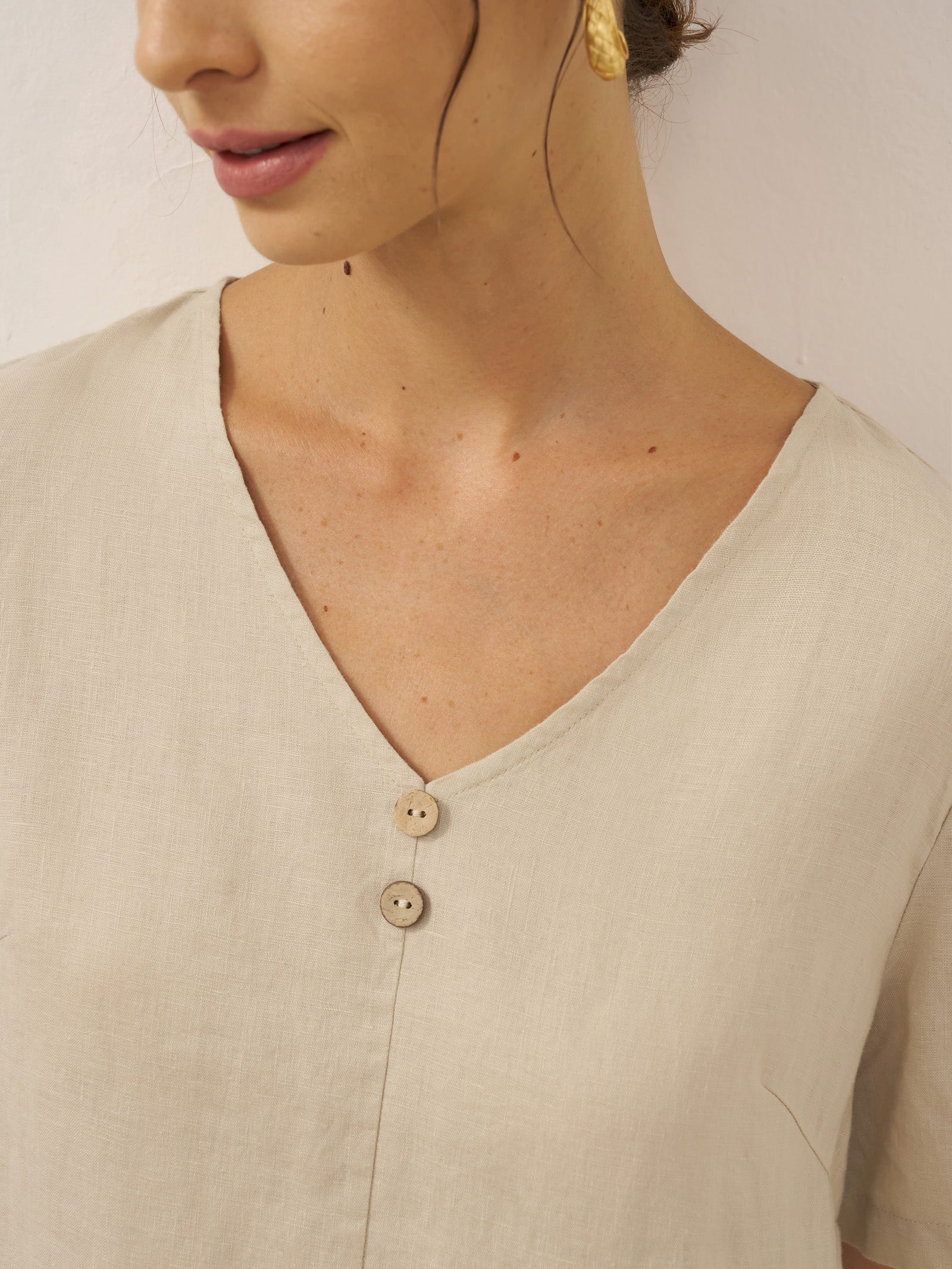 100% Linen Button Front V-Neck Midi Dress NOA by LINTICO
