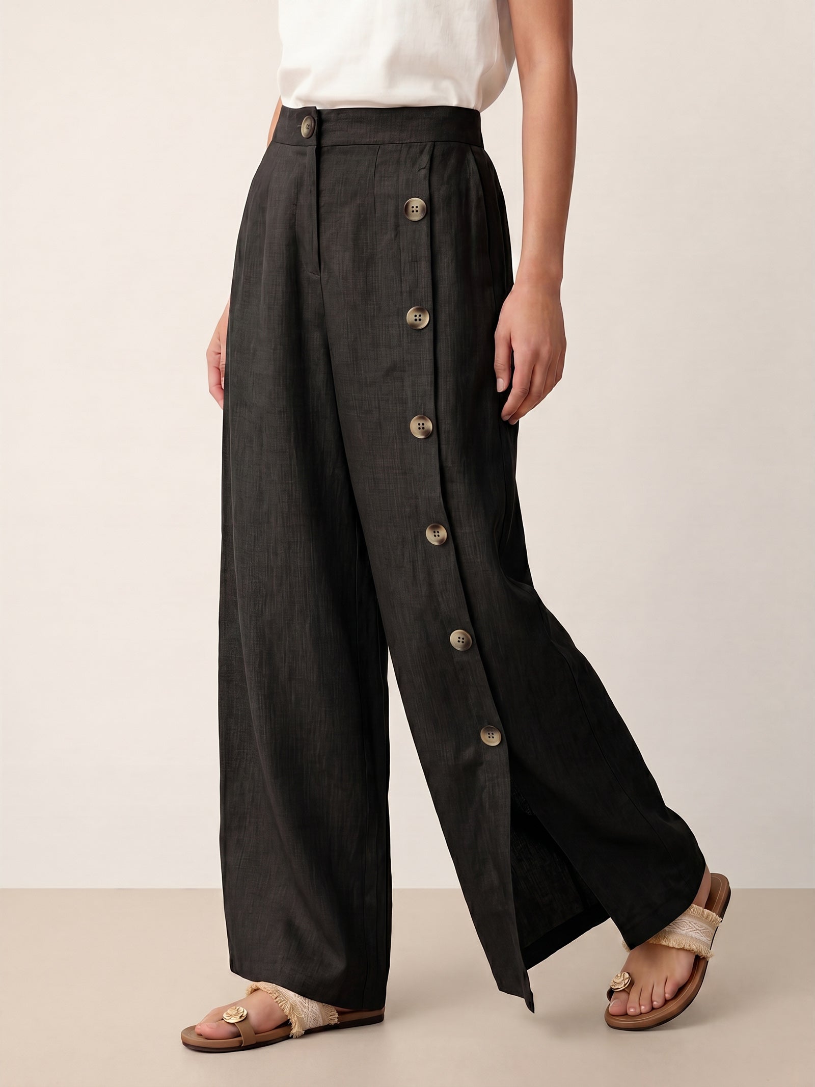 100% Linen Buttoned Slit-Hem Pants KATYA DestGlow