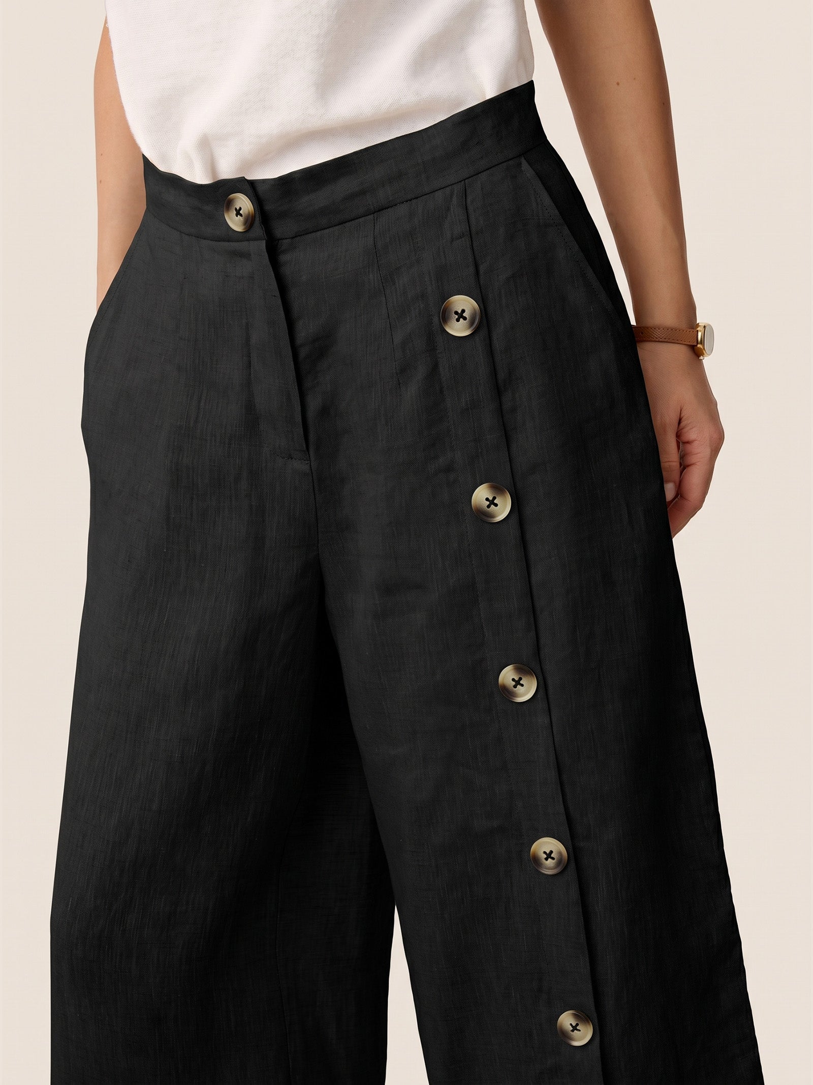 100% Linen Buttoned Slit-Hem Pants KATYA DestGlow