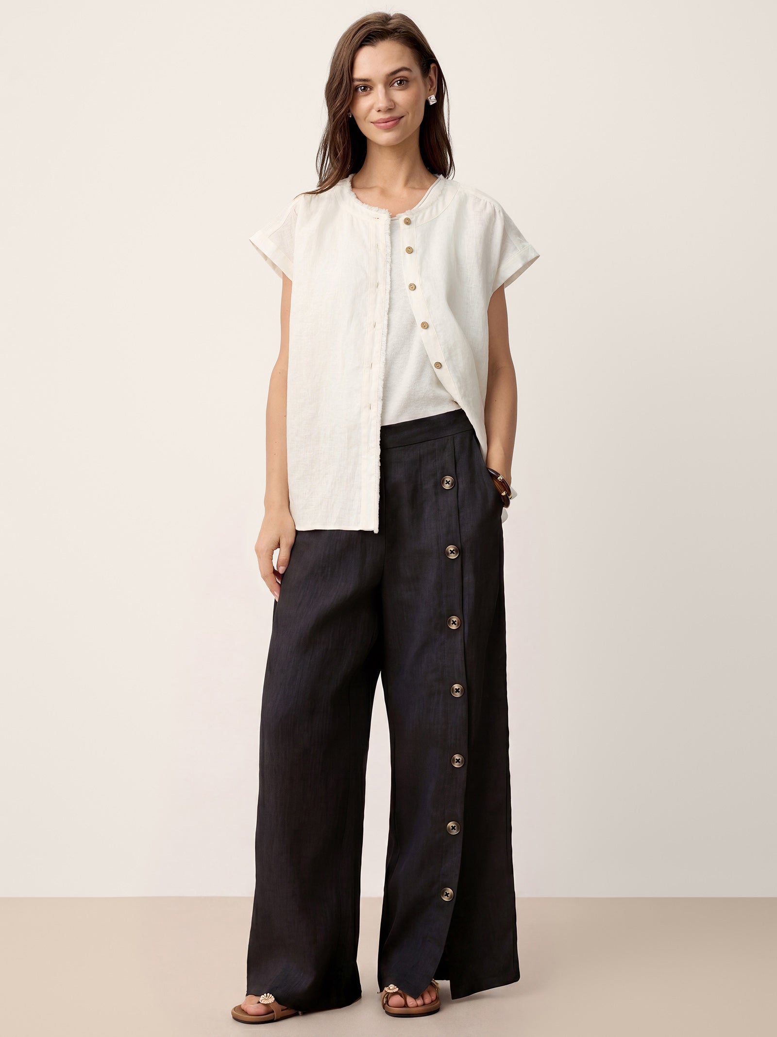 100% Linen Buttoned Slit-Hem Pants KATYA DestGlow