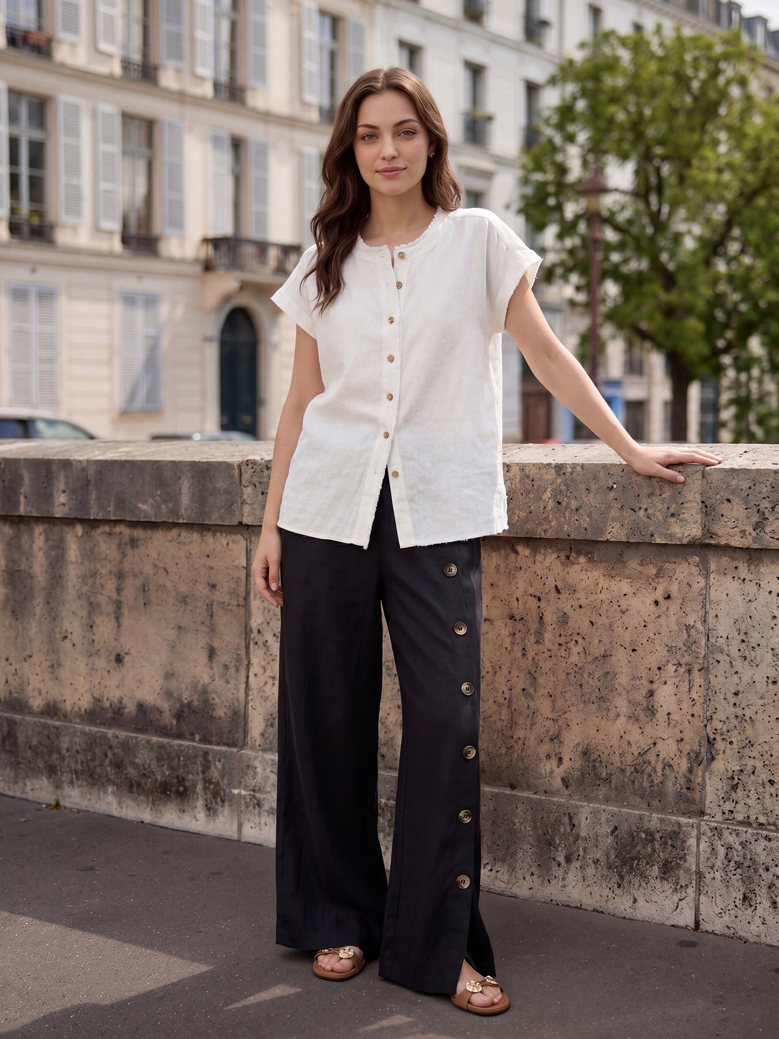 100% Linen Buttoned Slit-Hem Pants KATYA DestGlow