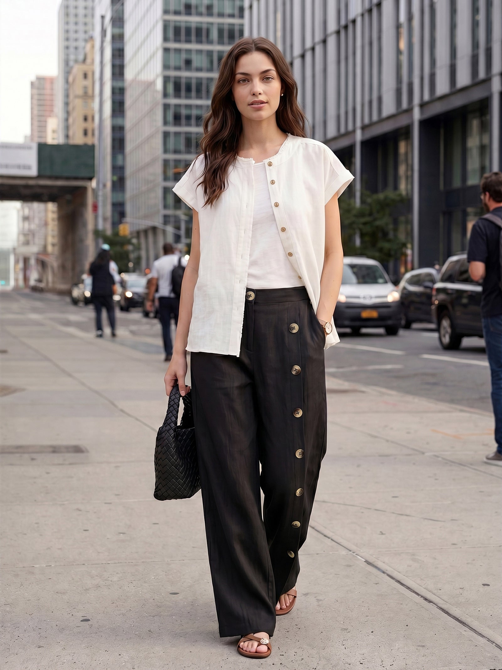 100% Linen Buttoned Slit-Hem Pants KATYA DestGlow