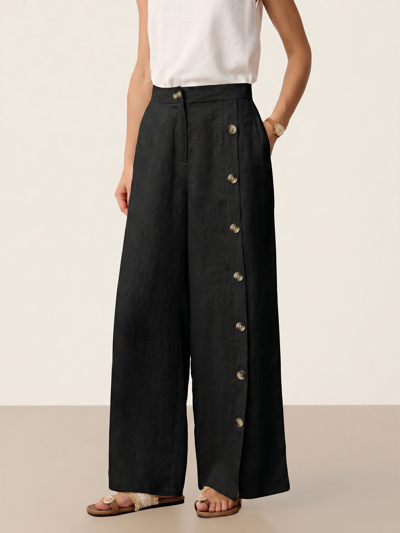 100% Linen Buttoned Slit-Hem Pants KATYA DestGlow