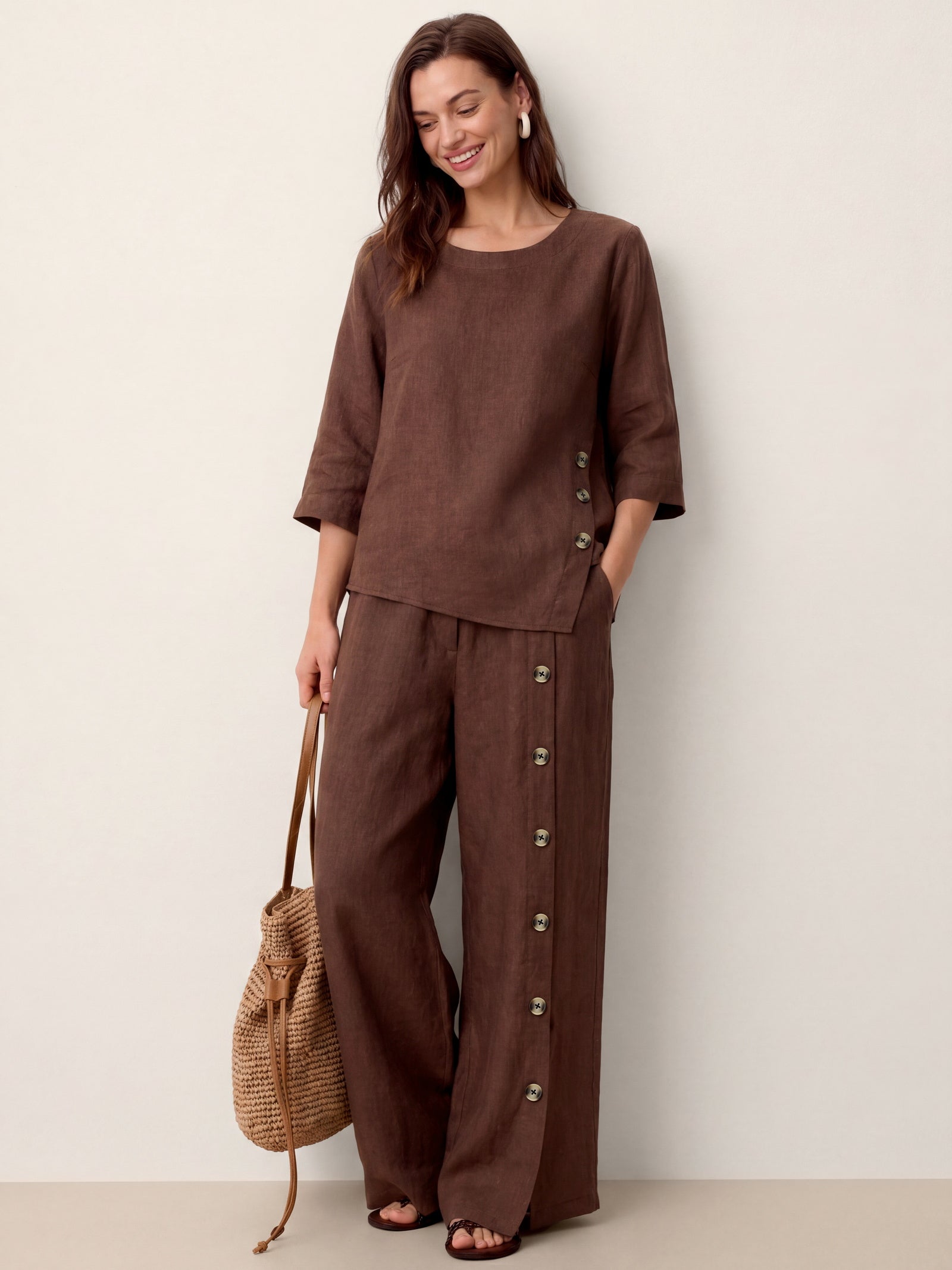 100% Linen Buttoned Slit-Hem Pants KATYA DestGlow
