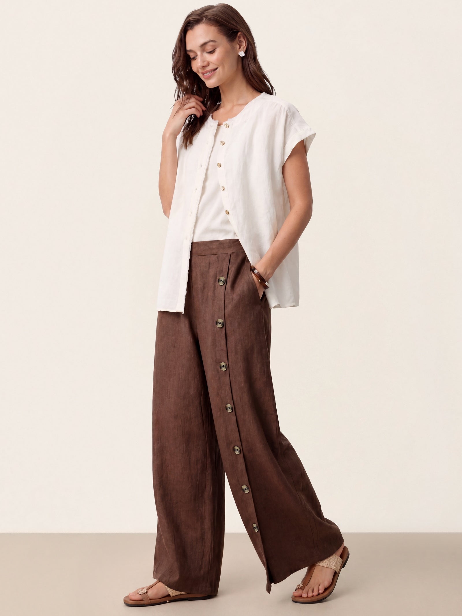 100% Linen Buttoned Slit-Hem Pants KATYA DestGlow