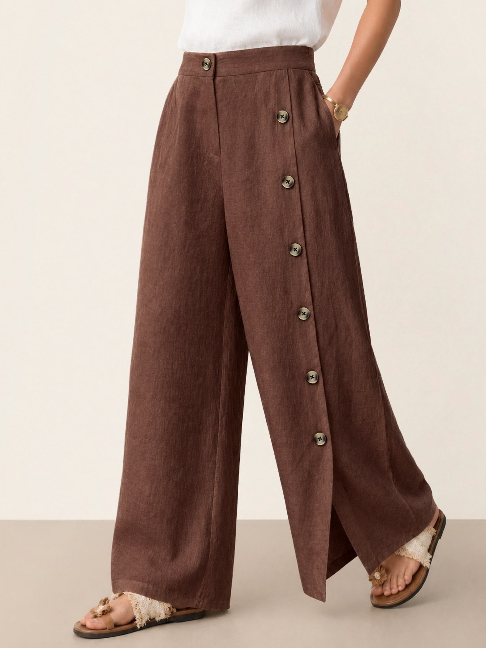 100% Linen Buttoned Slit-Hem Pants KATYA DestGlow