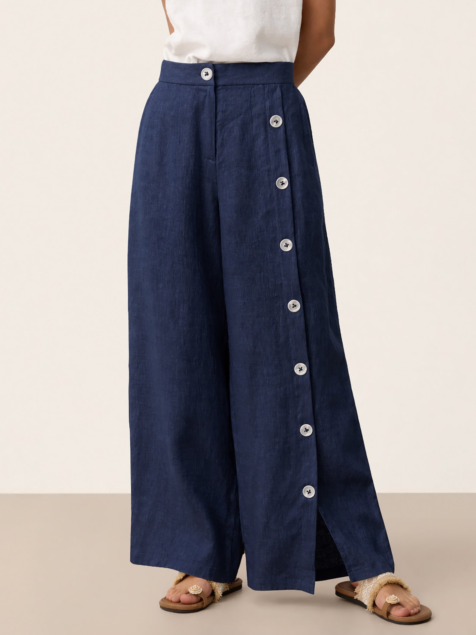 100% Linen Buttoned Slit-Hem Pants KATYA DestGlow