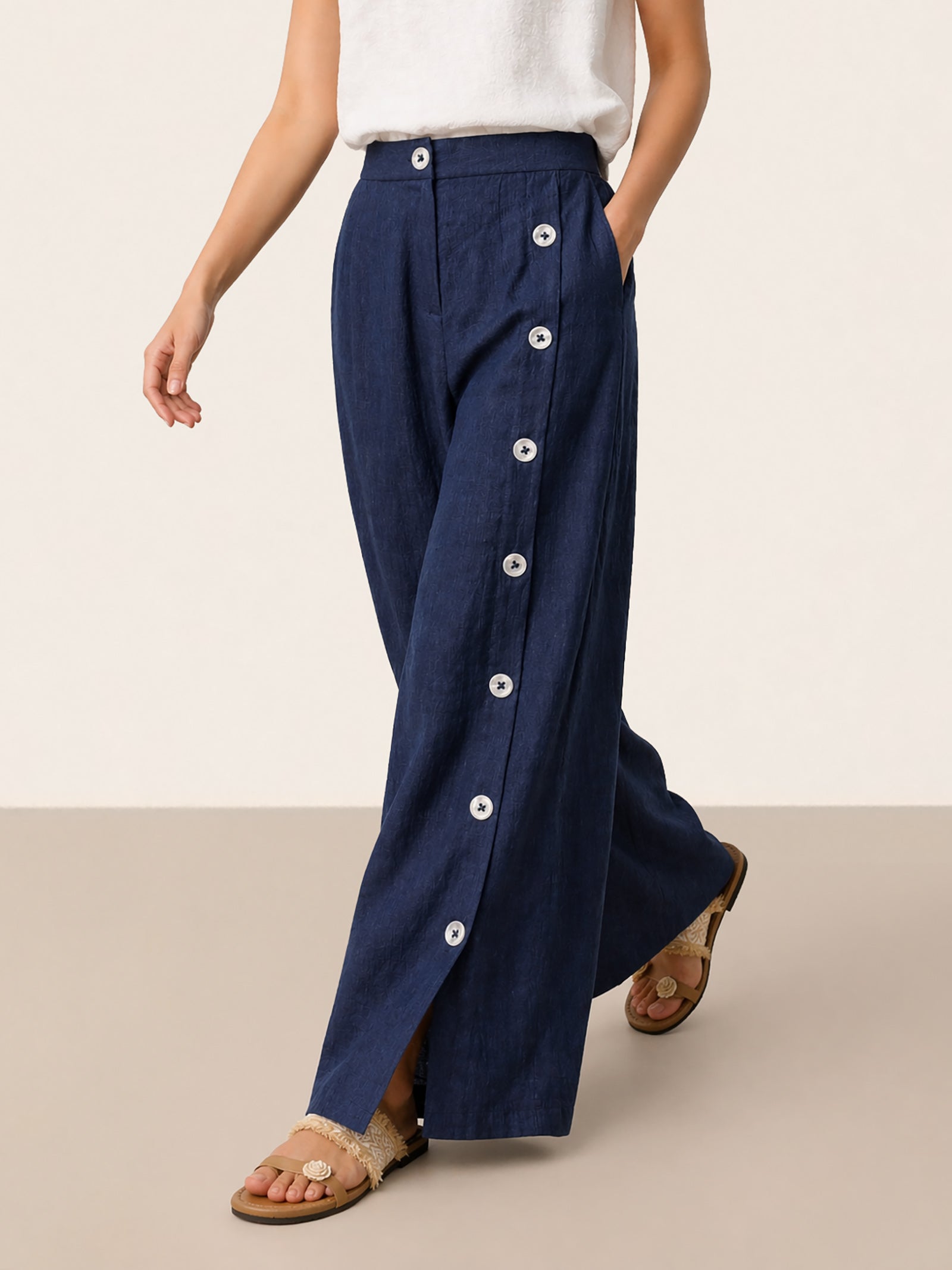 100% Linen Buttoned Slit-Hem Pants KATYA DestGlow