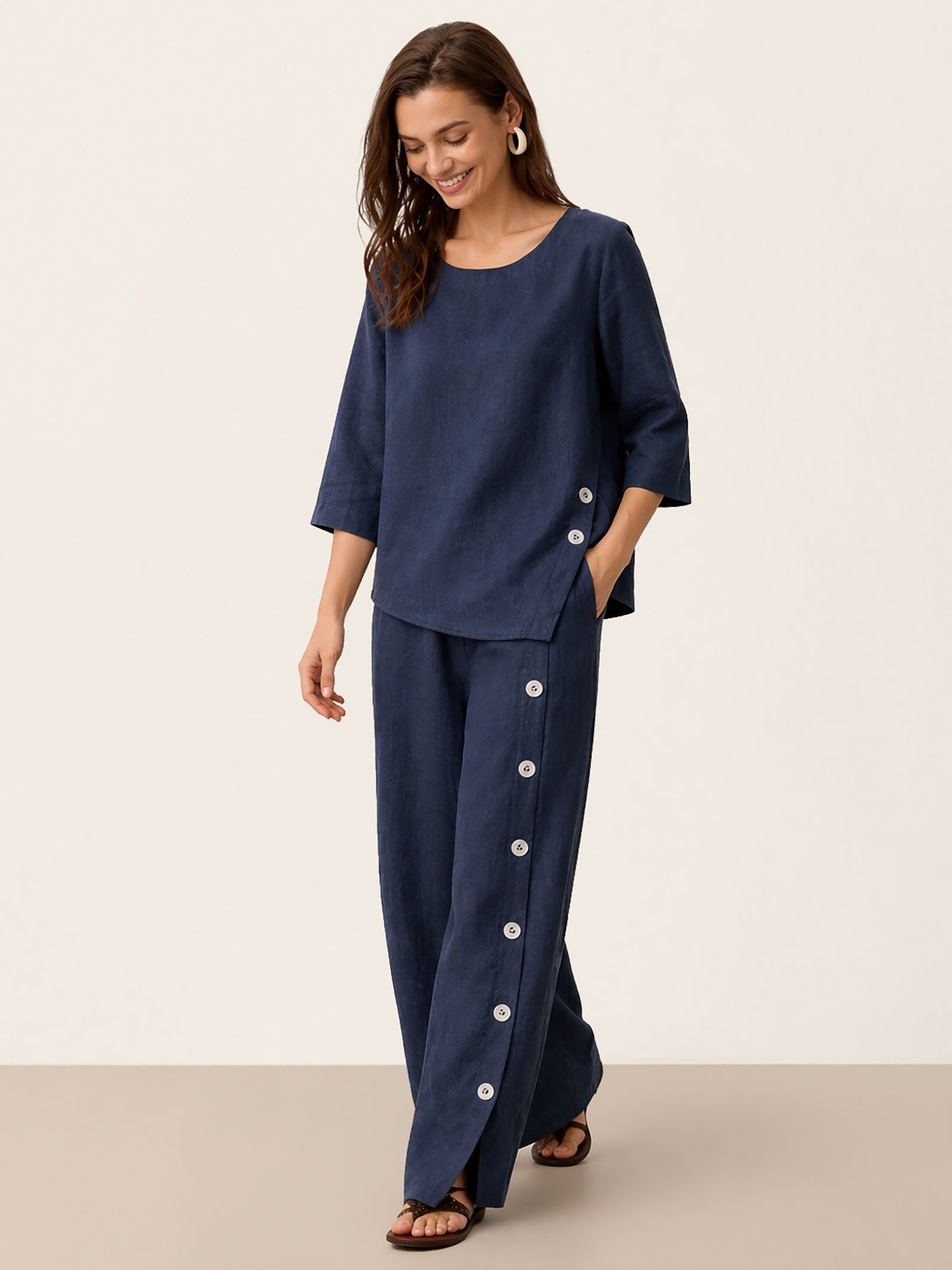 100% Linen Buttoned Slit-Hem Pants KATYA DestGlow