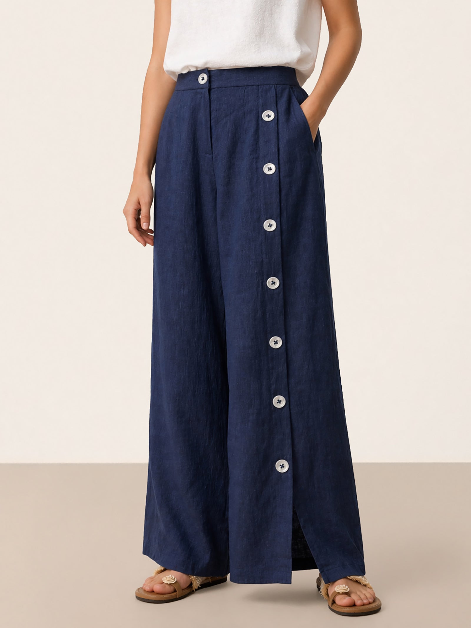 100% Linen Buttoned Slit-Hem Pants KATYA DestGlow