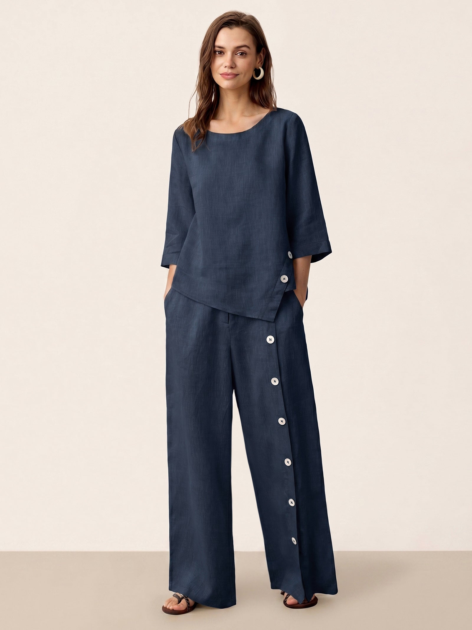 100% Linen Buttoned Slit-Hem Pants KATYA DestGlow