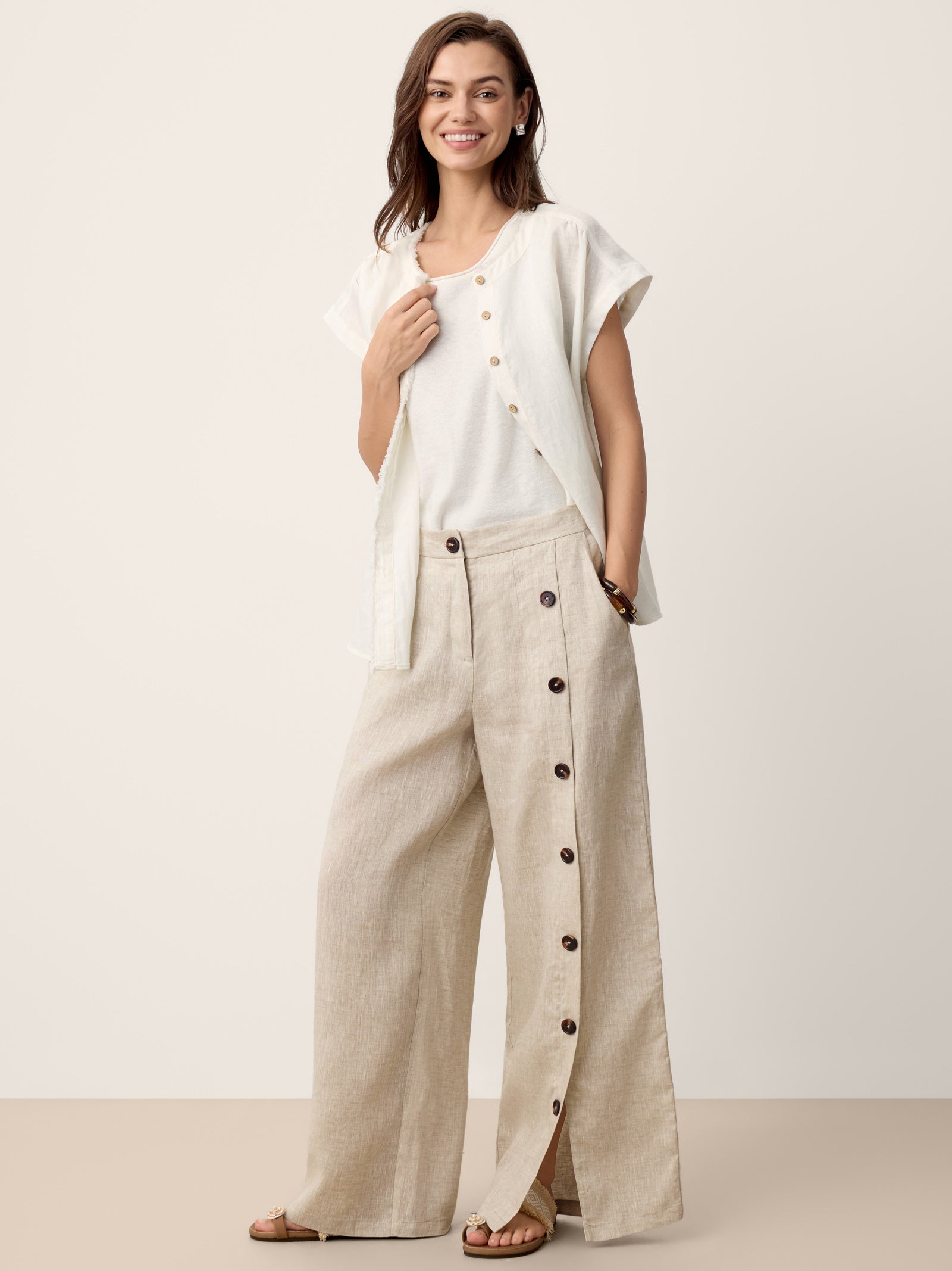 100% Linen Buttoned Slit-Hem Pants KATYA DestGlow