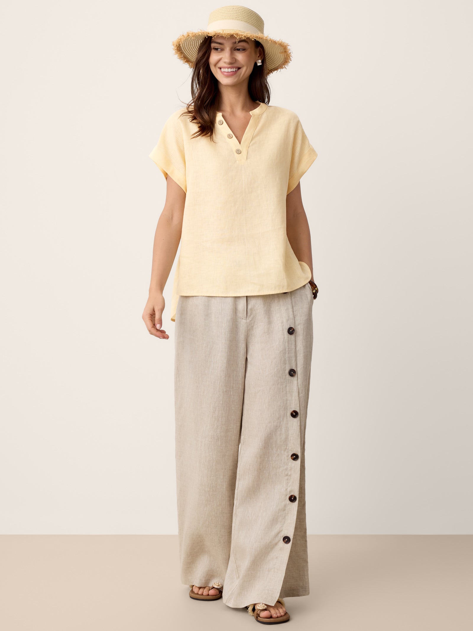 100% Linen Buttoned Slit-Hem Pants KATYA DestGlow