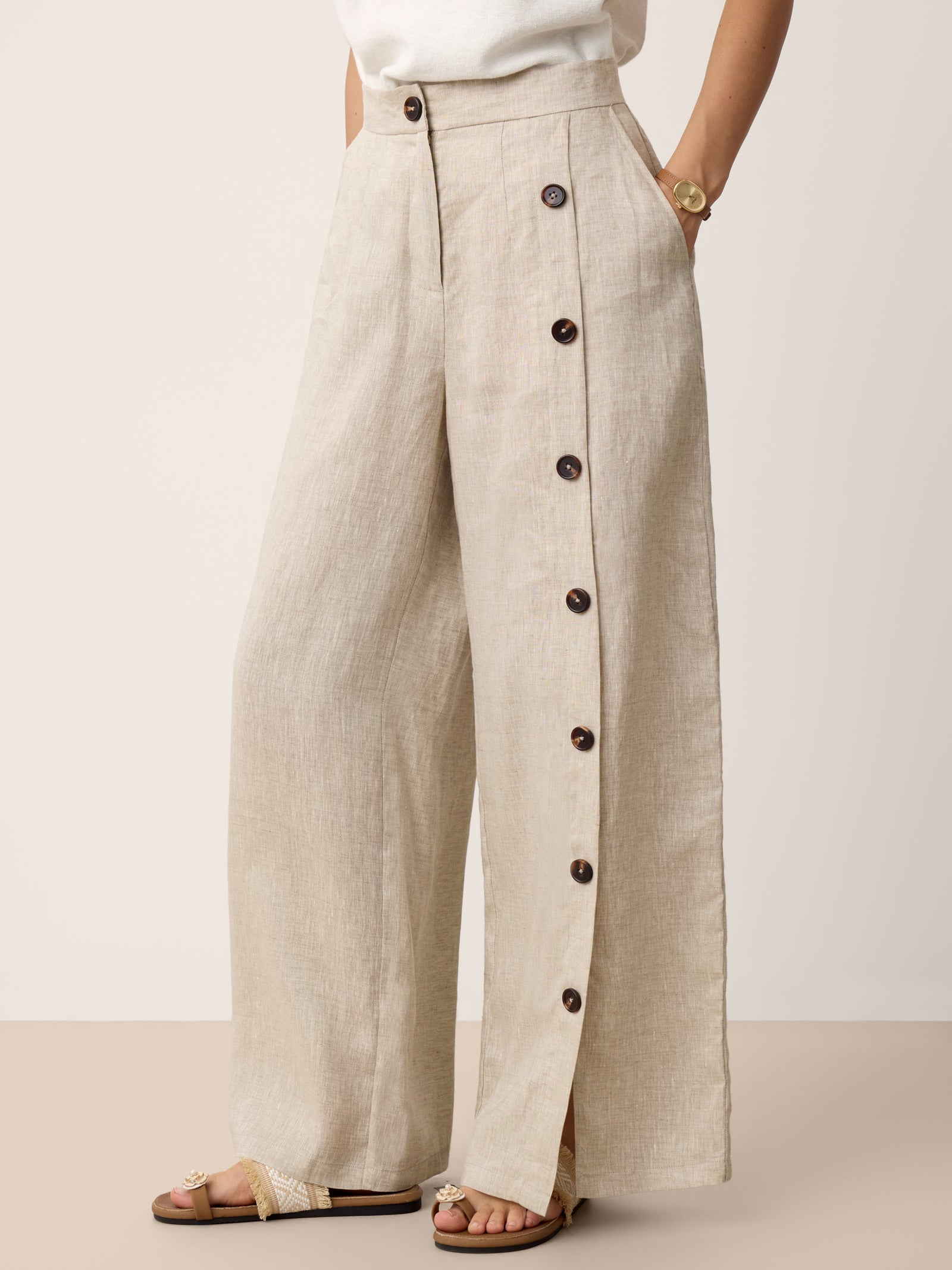 100% Linen Buttoned Slit-Hem Pants KATYA DestGlow