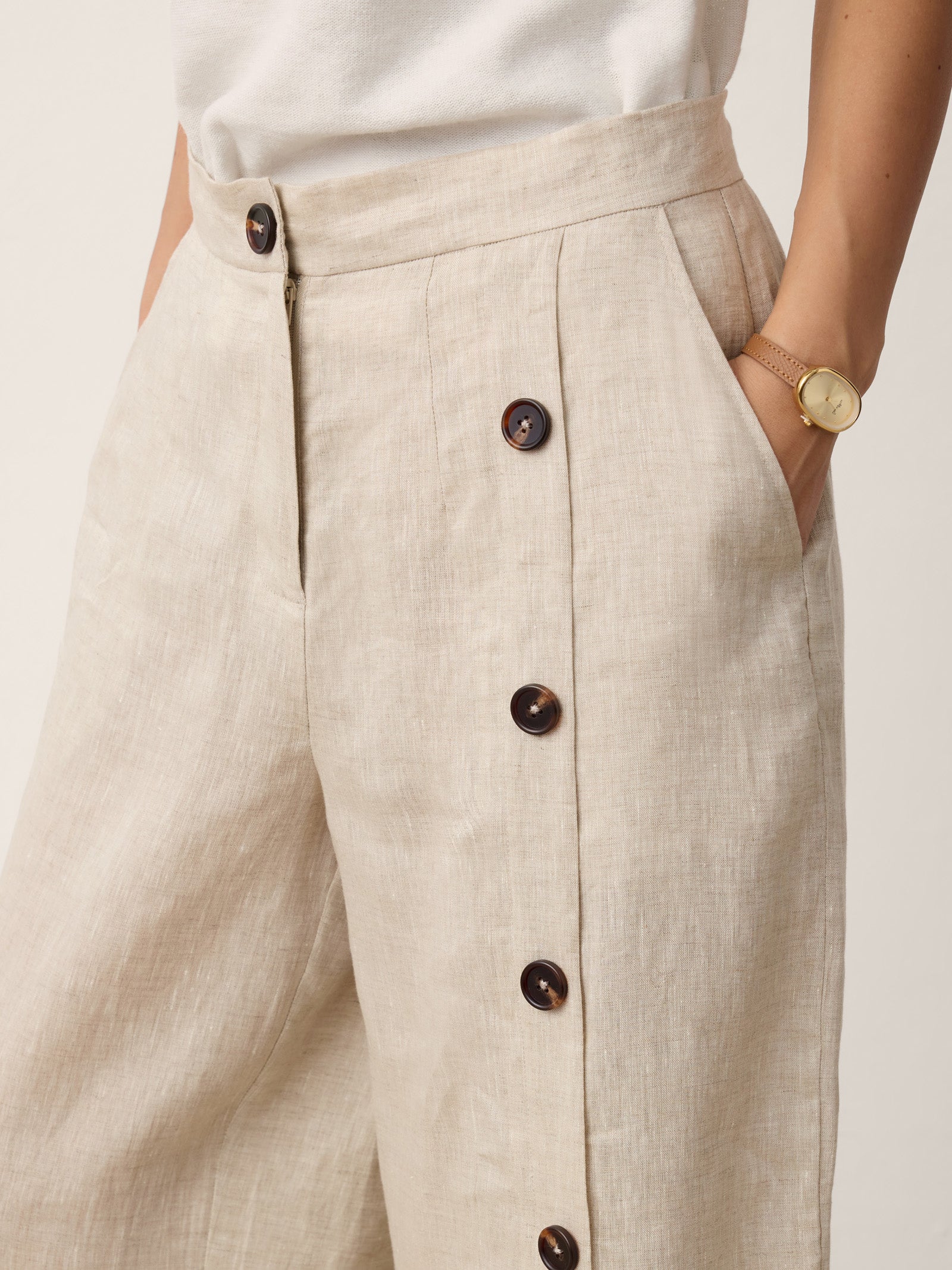 100% Linen Buttoned Slit-Hem Pants KATYA DestGlow