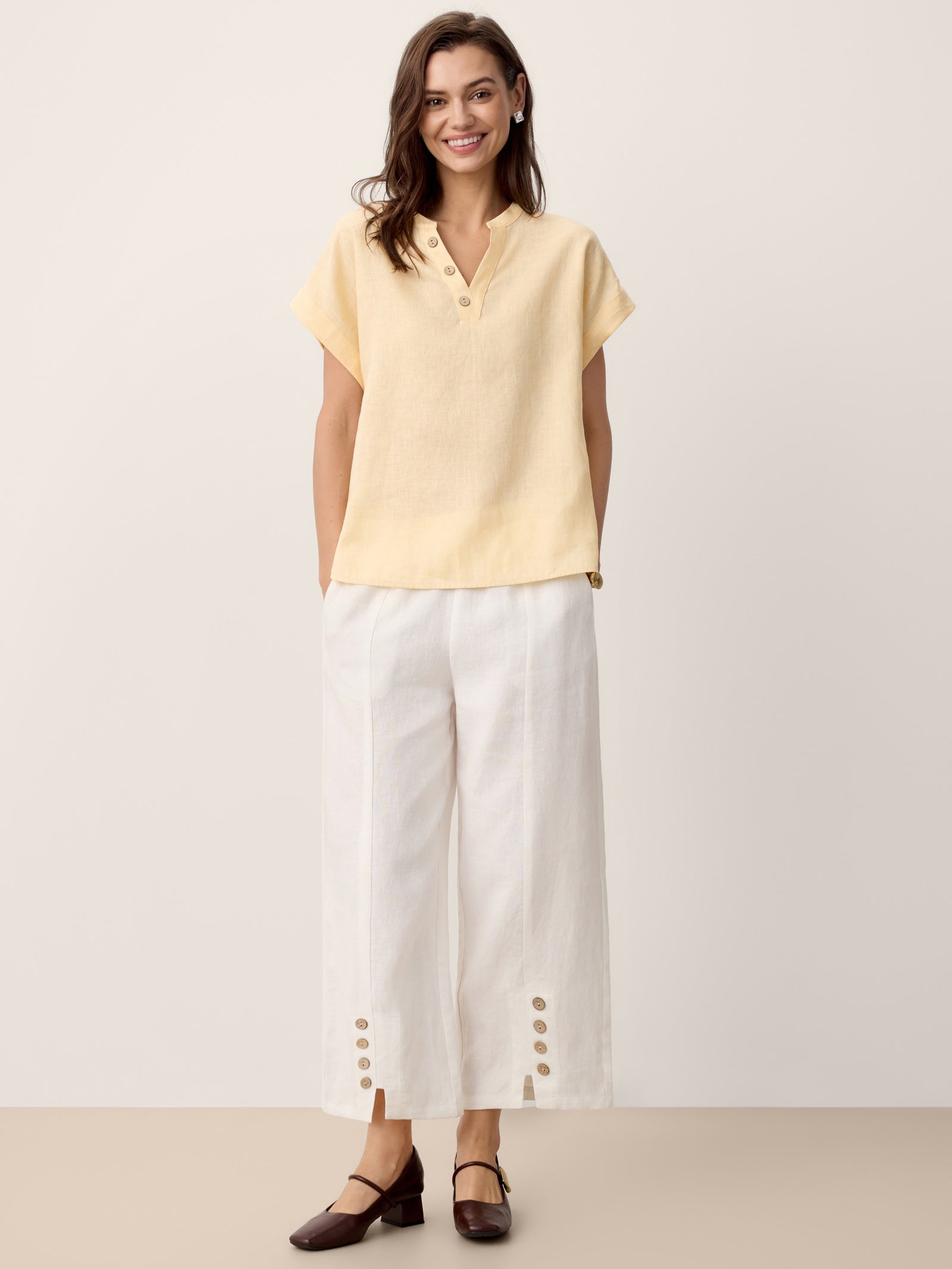 100% Linen Buttoned Split-Hem Pants ALINA by LINTICO