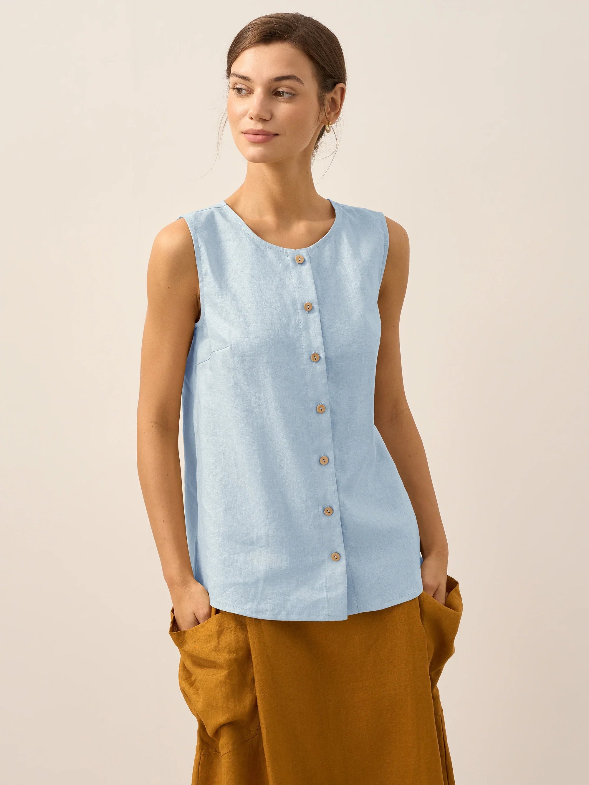 100% Linen Buttons Down Tank Top ERIN DestGlow