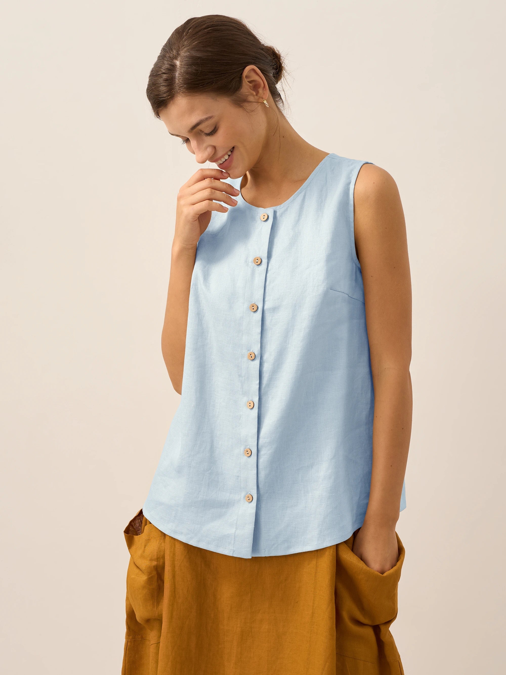 100% Linen Buttons Down Tank Top ERIN DestGlow