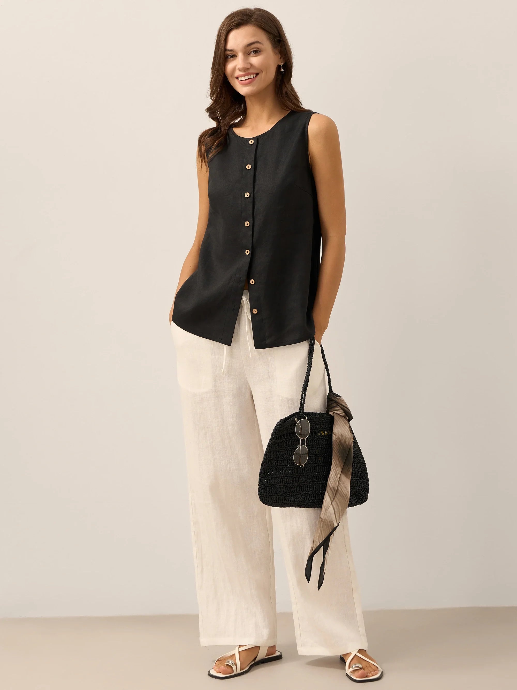 100% Linen Buttons Down Tank Top ERIN DestGlow