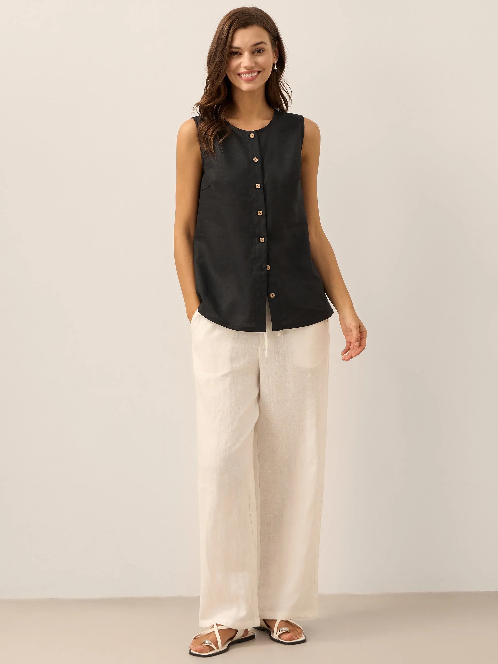 100% Linen Buttons Down Tank Top ERIN DestGlow
