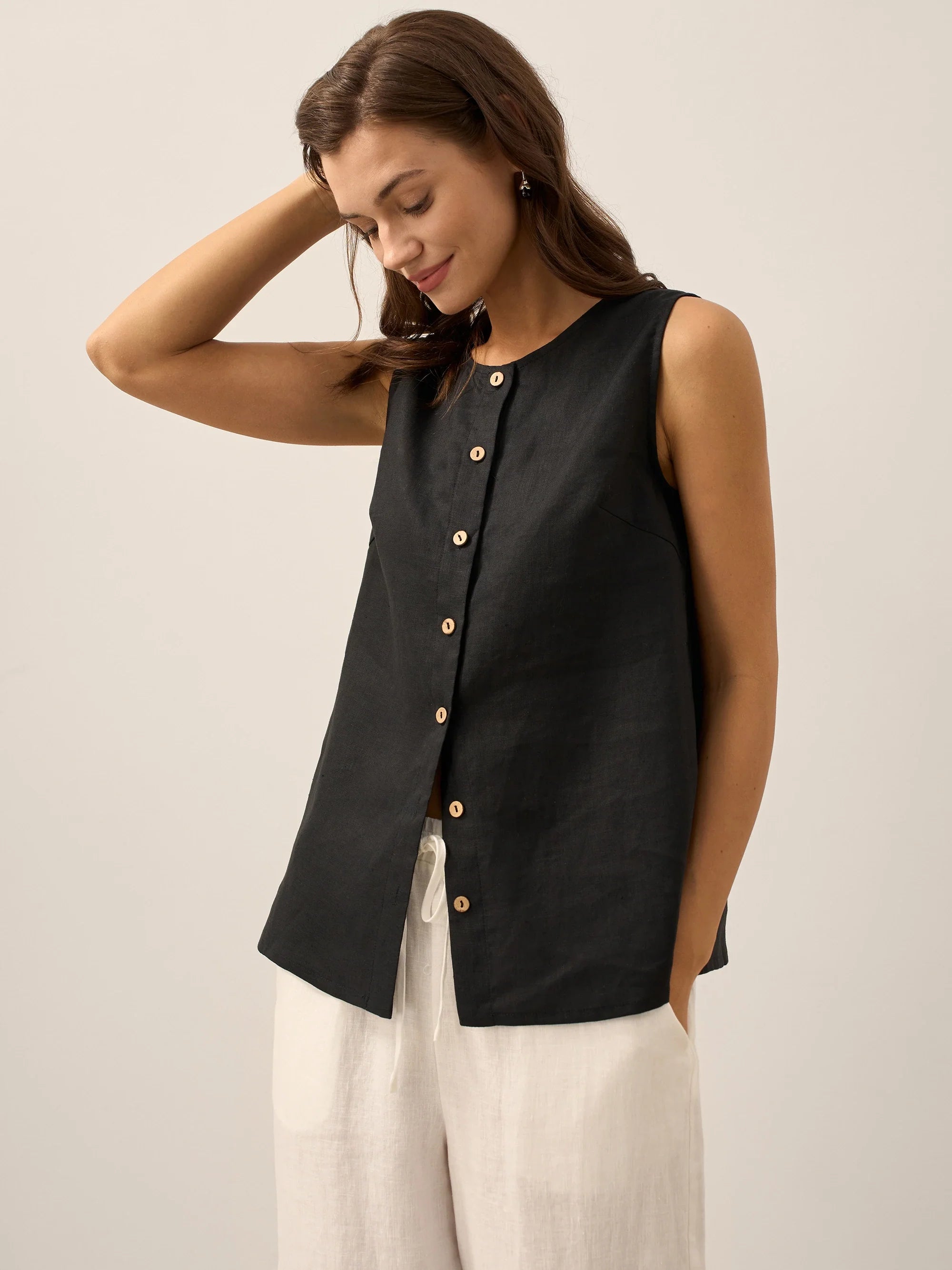 100% Linen Buttons Down Tank Top ERIN DestGlow