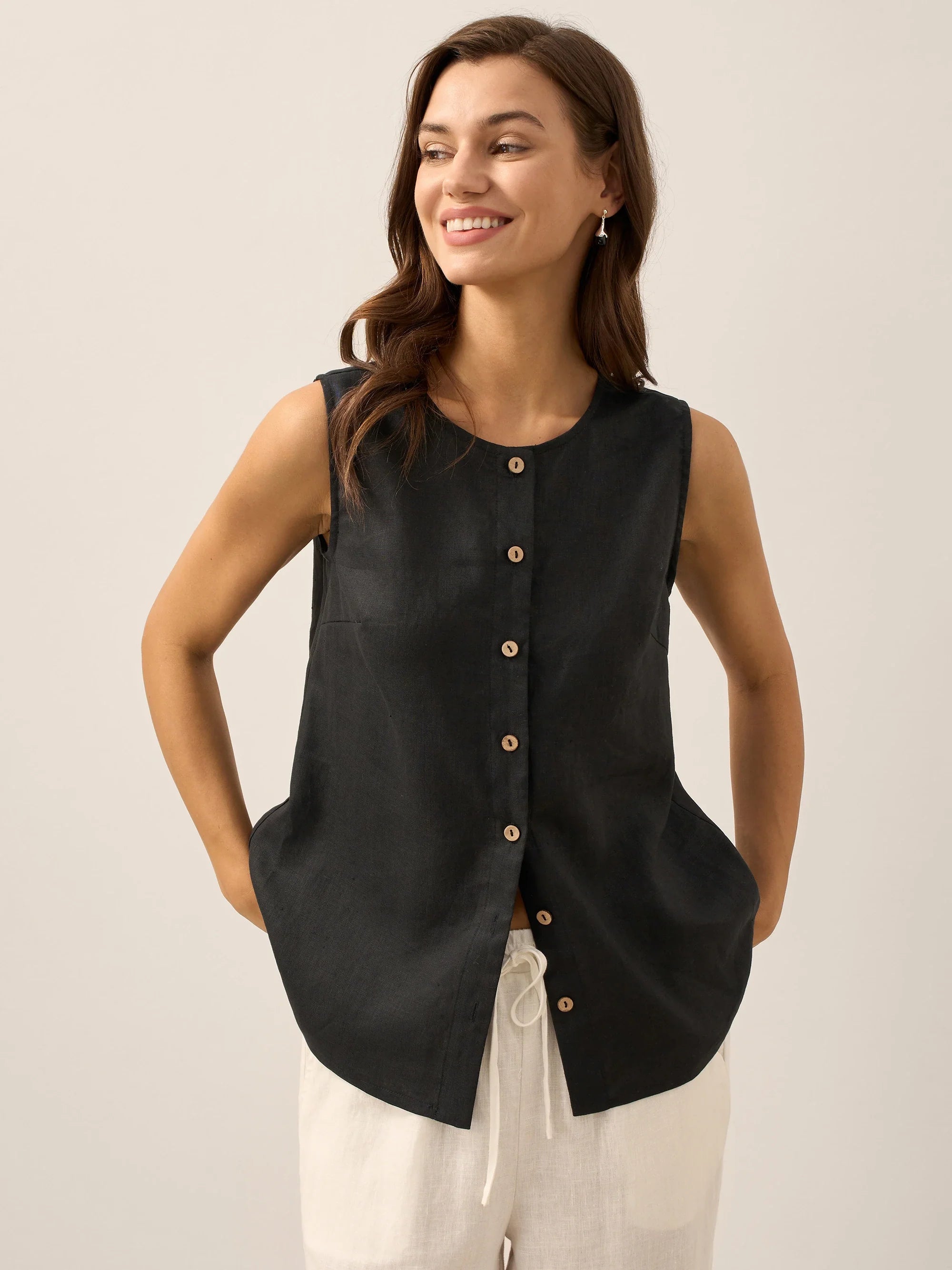 100% Linen Buttons Down Tank Top ERIN DestGlow