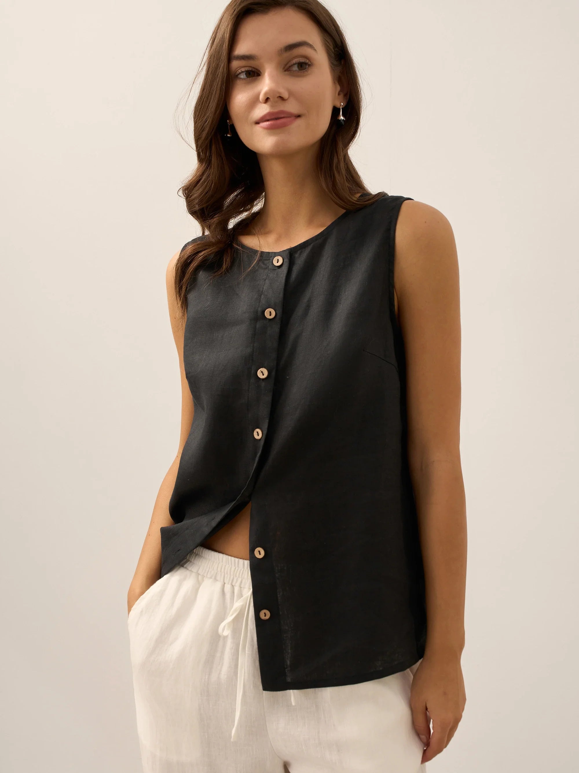 100% Linen Buttons Down Tank Top ERIN DestGlow