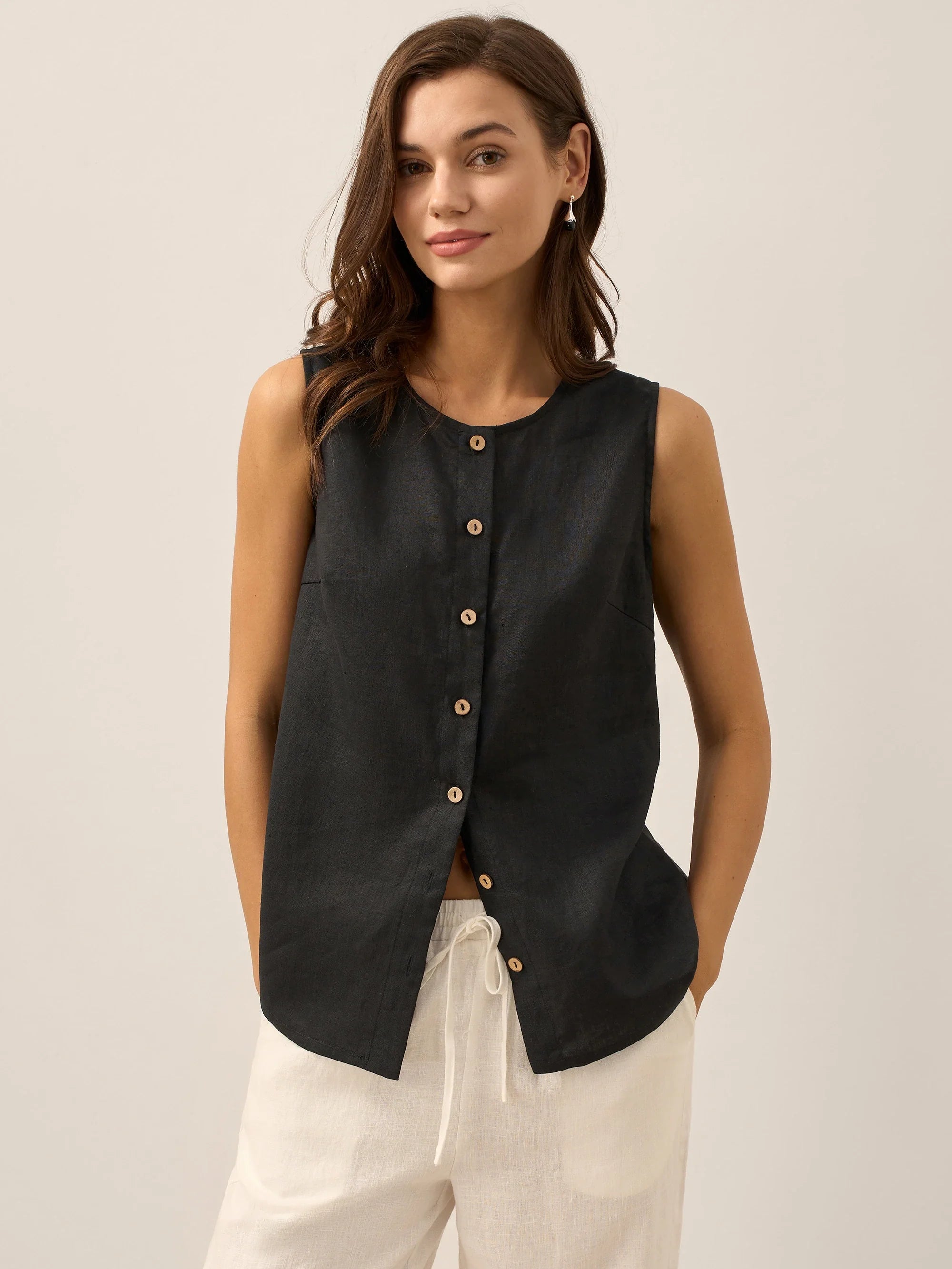100% Linen Buttons Down Tank Top ERIN DestGlow