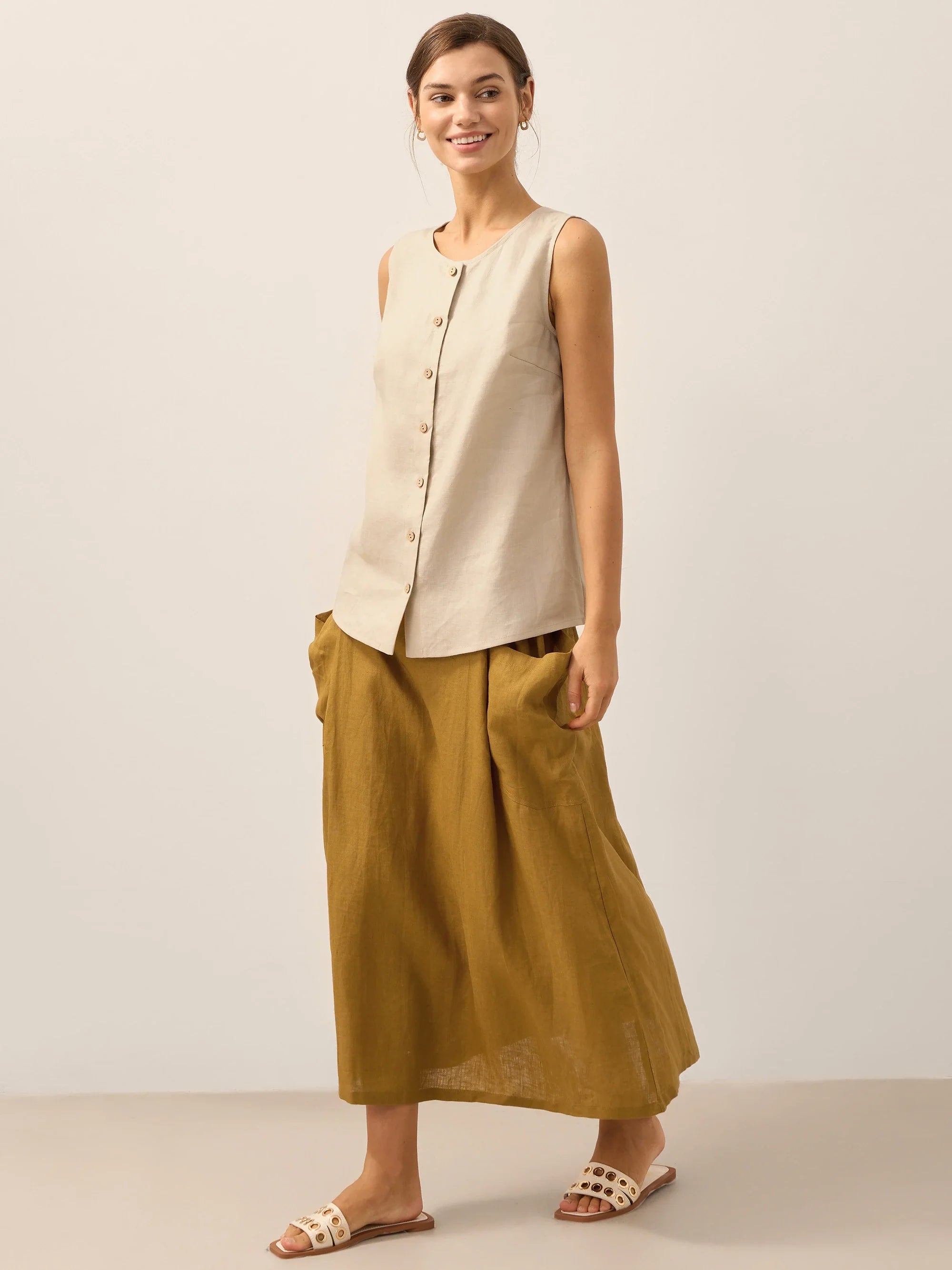100% Linen Buttons Down Tank Top ERIN DestGlow