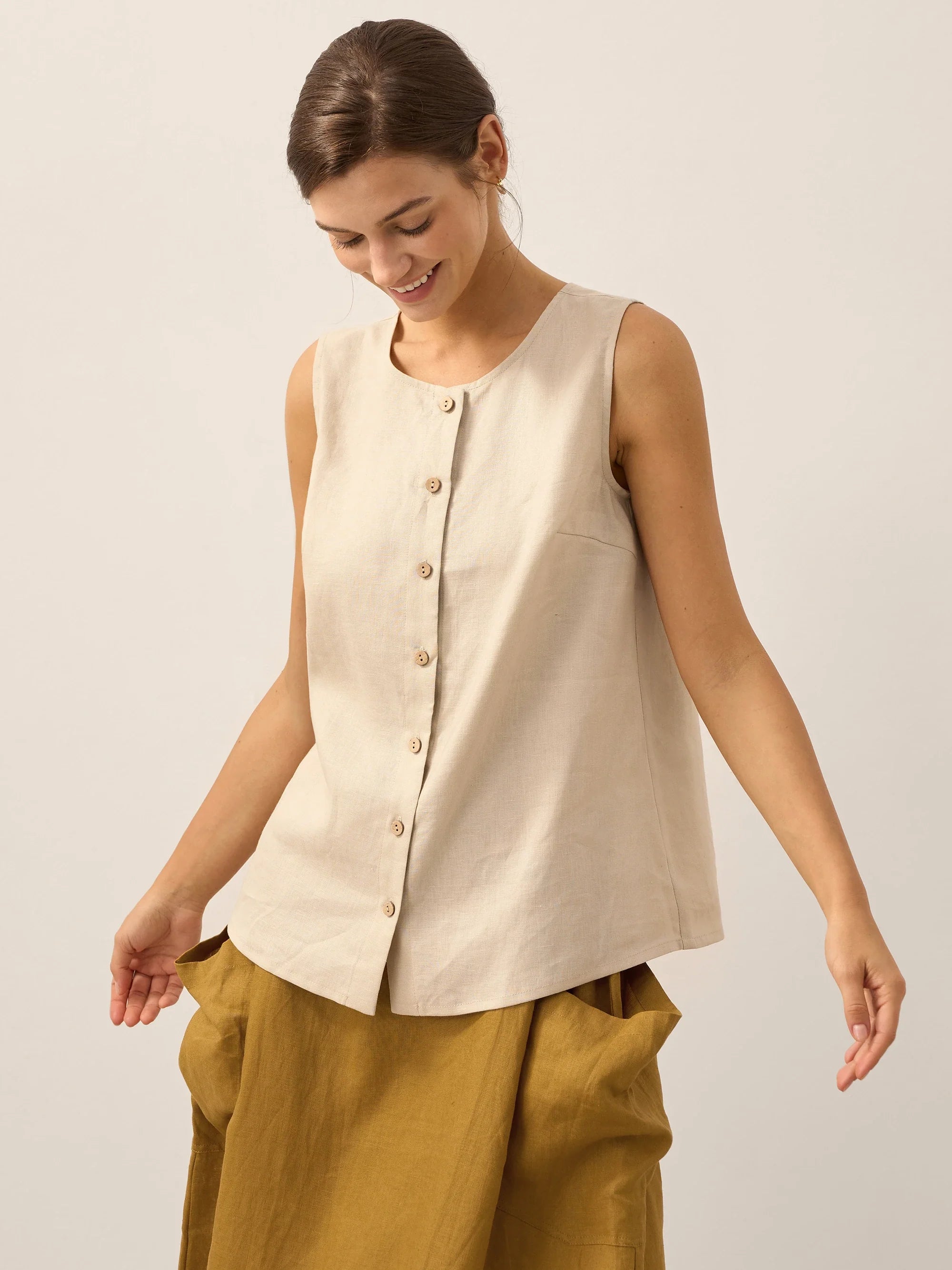 100% Linen Buttons Down Tank Top ERIN DestGlow