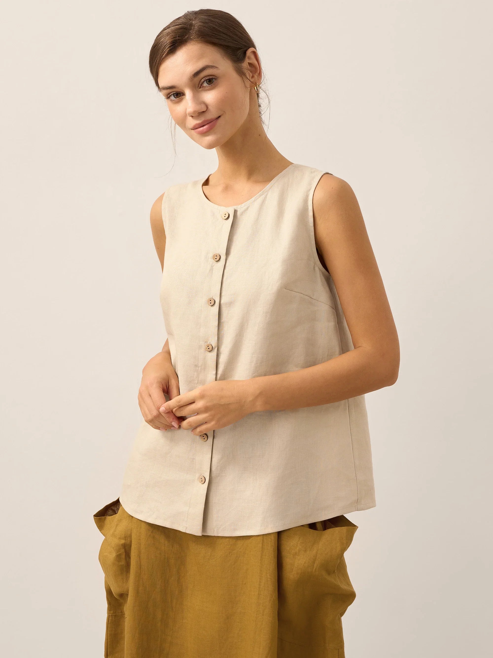 100% Linen Buttons Down Tank Top ERIN DestGlow
