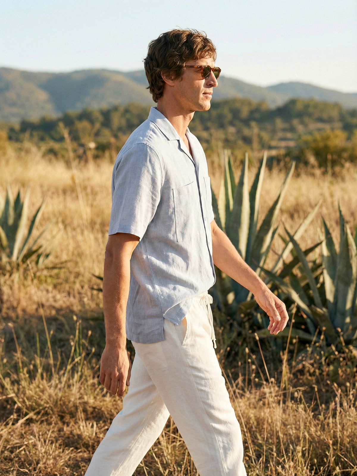 100% Linen Camp-Collar Elbow-Sleeve Shirt HENRY by LINTICO