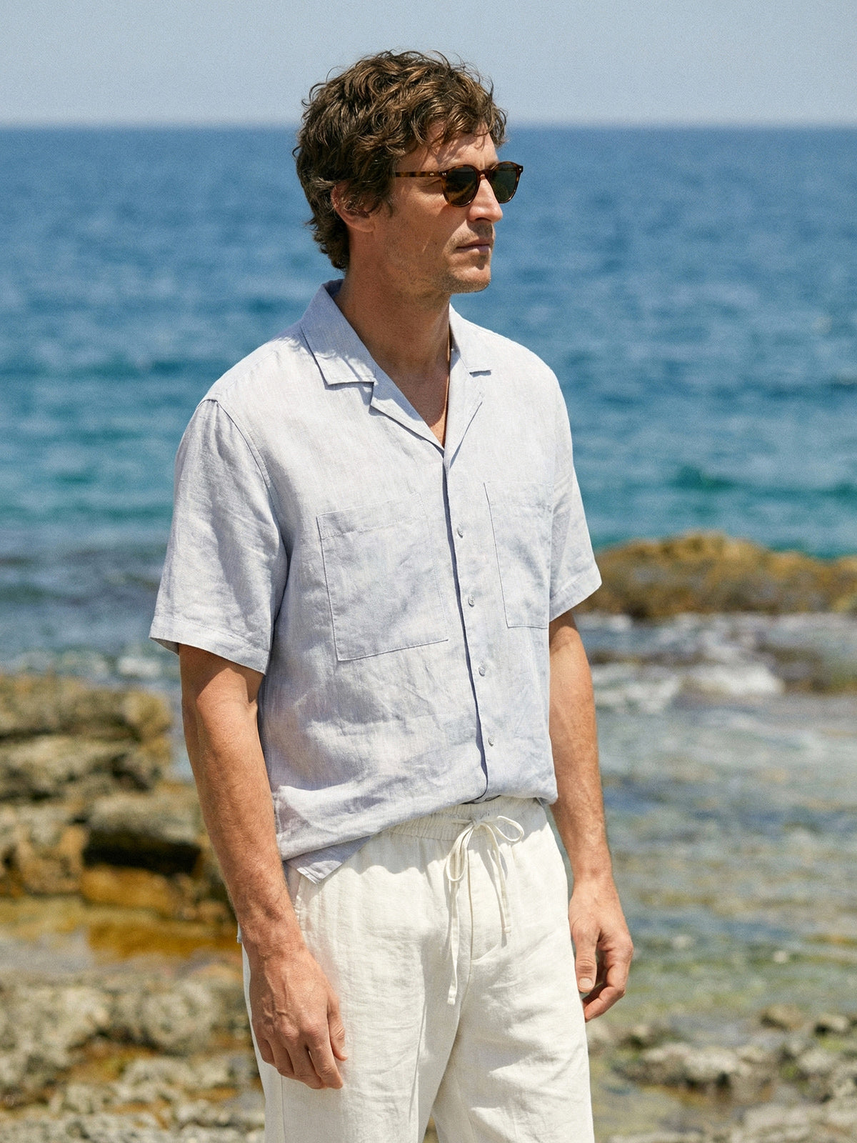 100% Linen Camp-Collar Elbow-Sleeve Shirt HENRY by LINTICO
