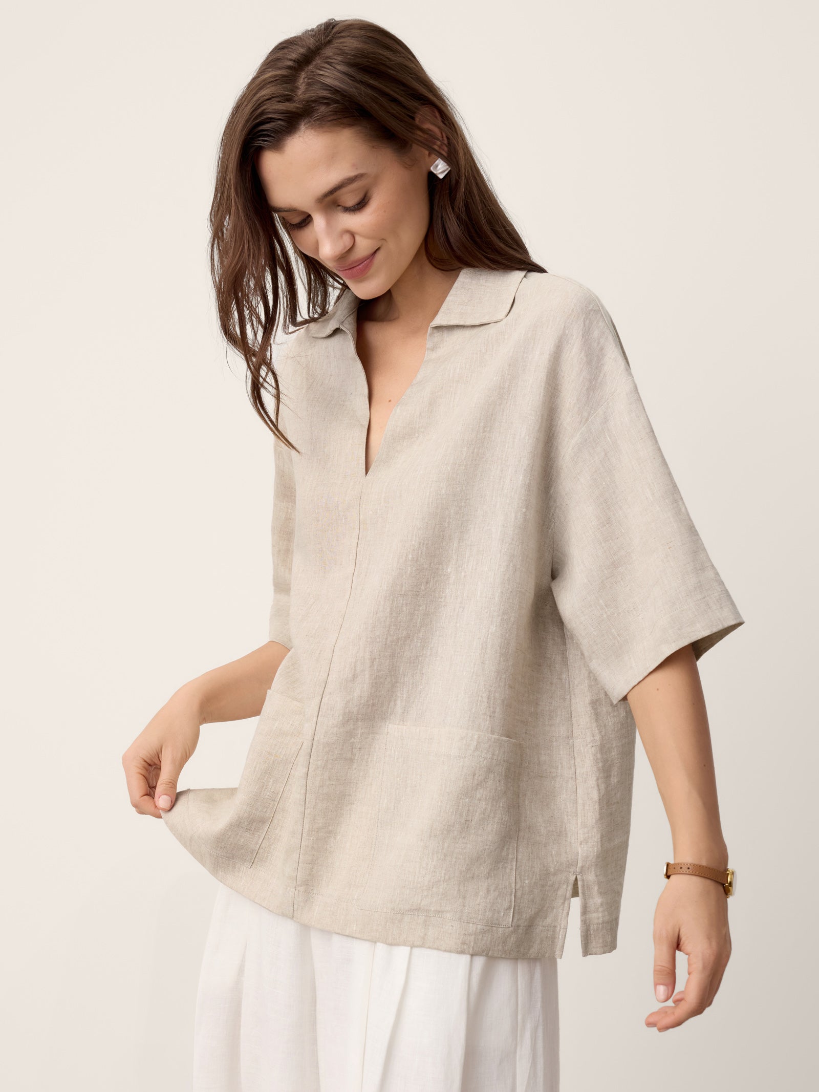 100% Linen Camp-Collar Patch-Pocket Top BRENNA by LINTICO