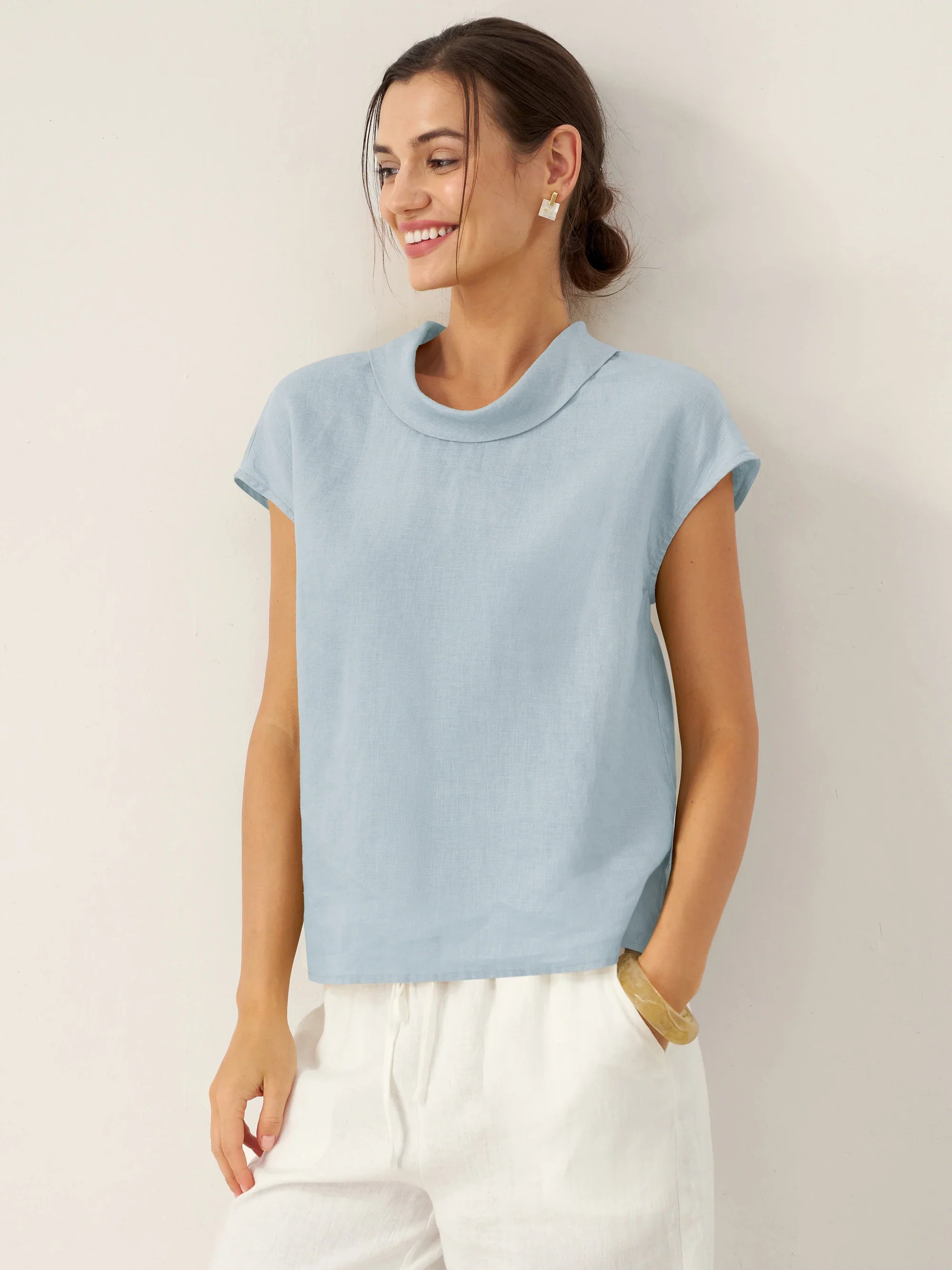 100% Linen Cap Sleeve Soft-Fold Collar Top YVONNE DestGlow