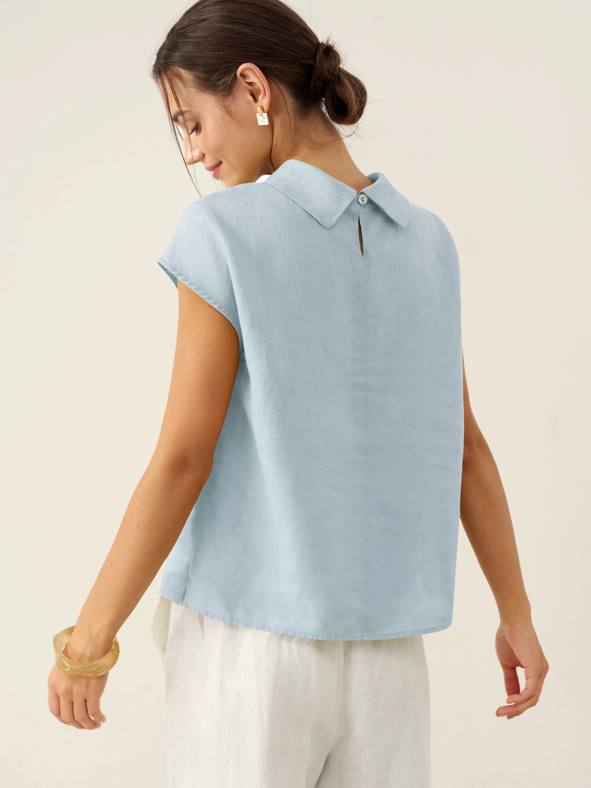 100% Linen Cap Sleeve Soft-Fold Collar Top YVONNE by LINTICO